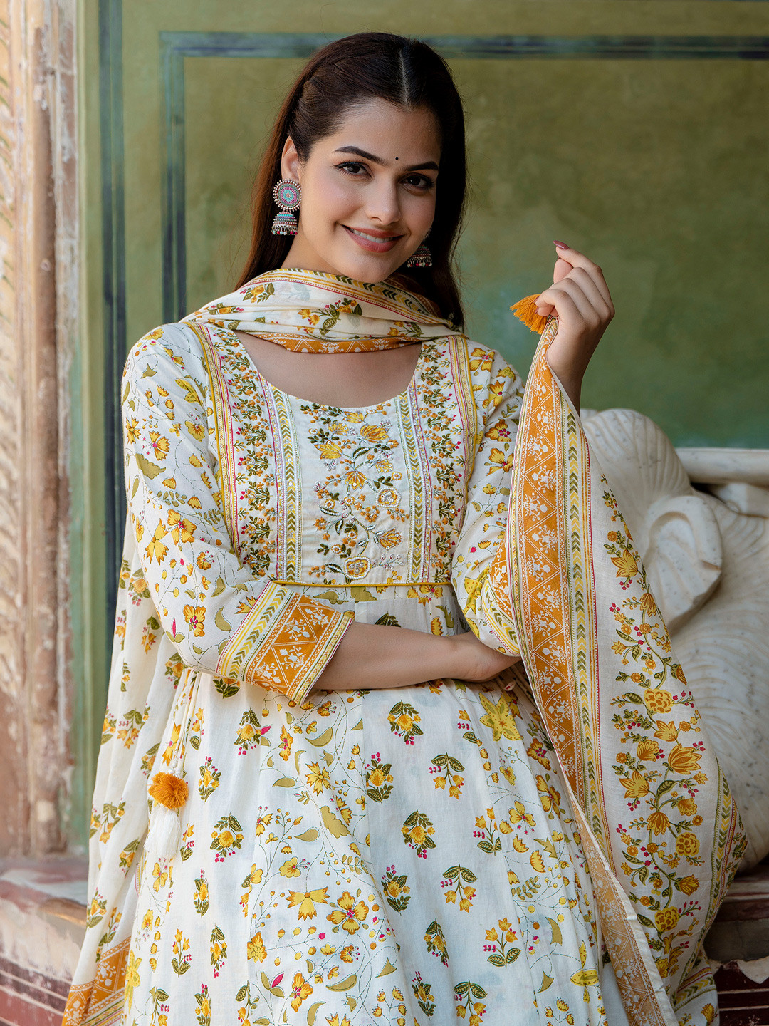 

EthniFlair Women Floral Printed Empire Aari Work Pure Cotton Kurta with Trousers & With Dupatta, White