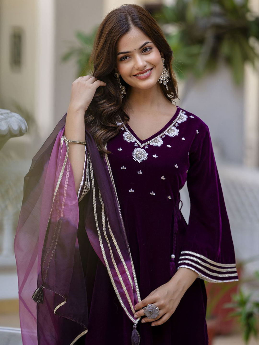 

EthniFlair Women Ethnic Motifs Embroidered Empire Beads and Stones Velvet Kurta with Trousers & With Dupatta, Purple