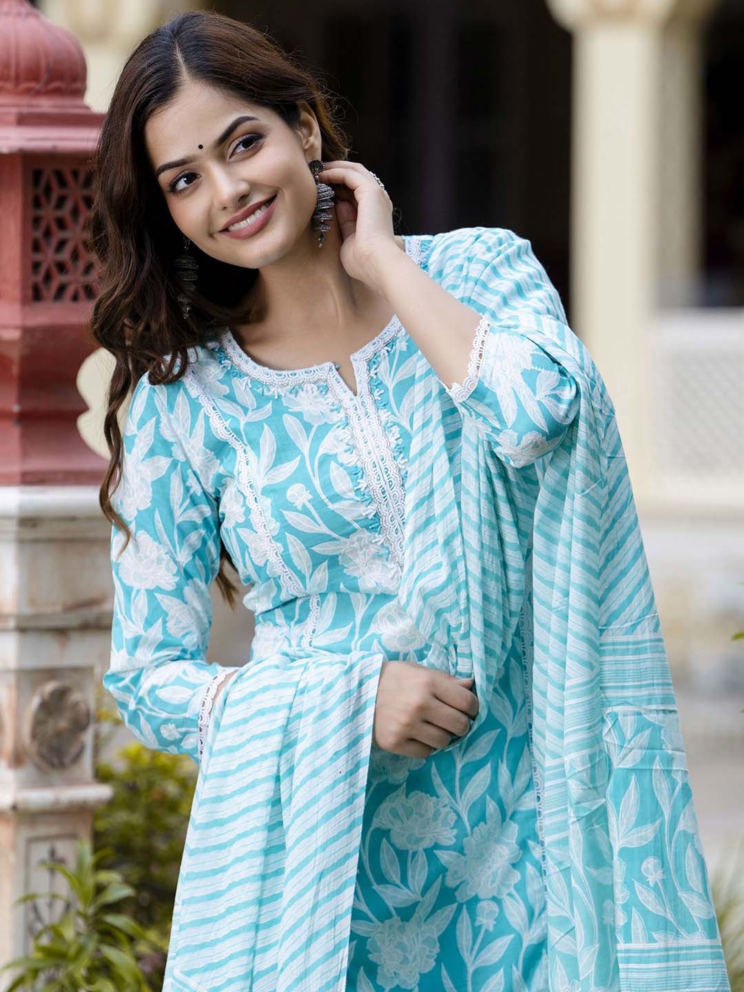 

EthniFlair Women Floral Embroidered Regular Aari Work Pure Cotton Kurta with Pyjamas & With Dupatta, Turquoise blue