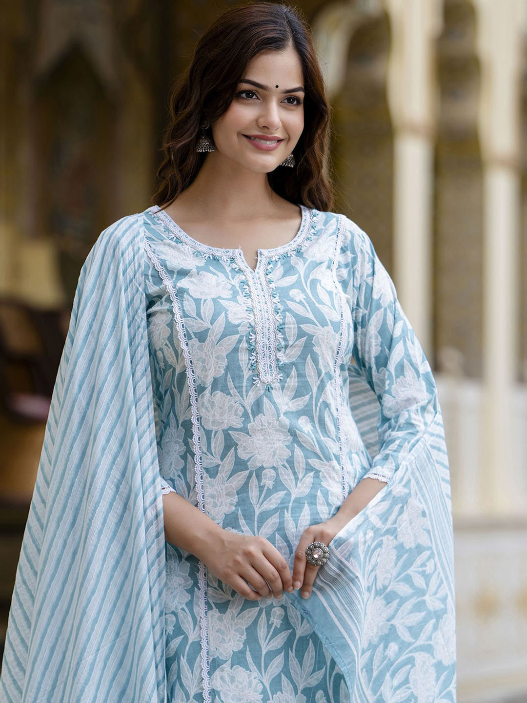 

EthniFlair Women Floral Embroidered Regular Aari Work Pure Cotton Kurta with Pyjamas & With Dupatta, Blue