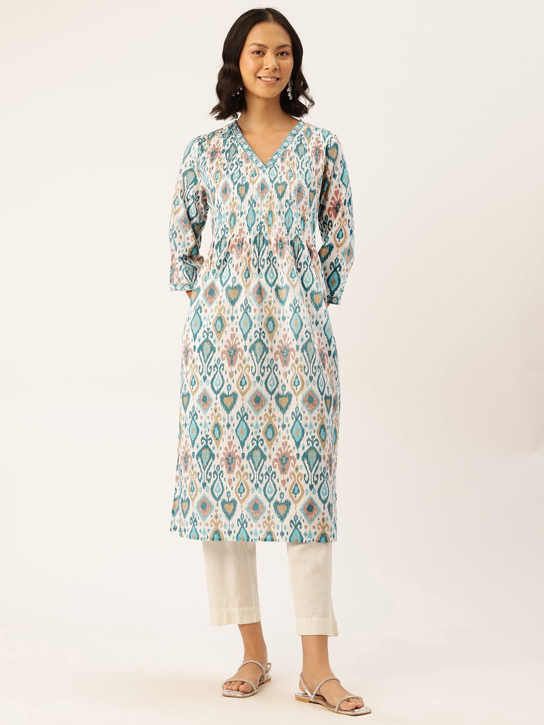 

CRAFTED FOR YOU Pure Cotton Self-Design Ethnic Motifs Printed Straight Kurta, White