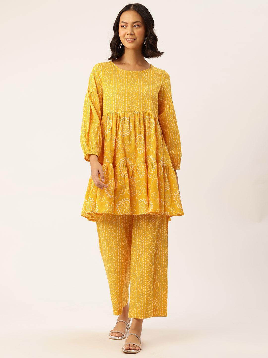 

CRAFTED FOR YOU Pure Cotton Bandhani A-Line Kurta with Palazzos, Yellow