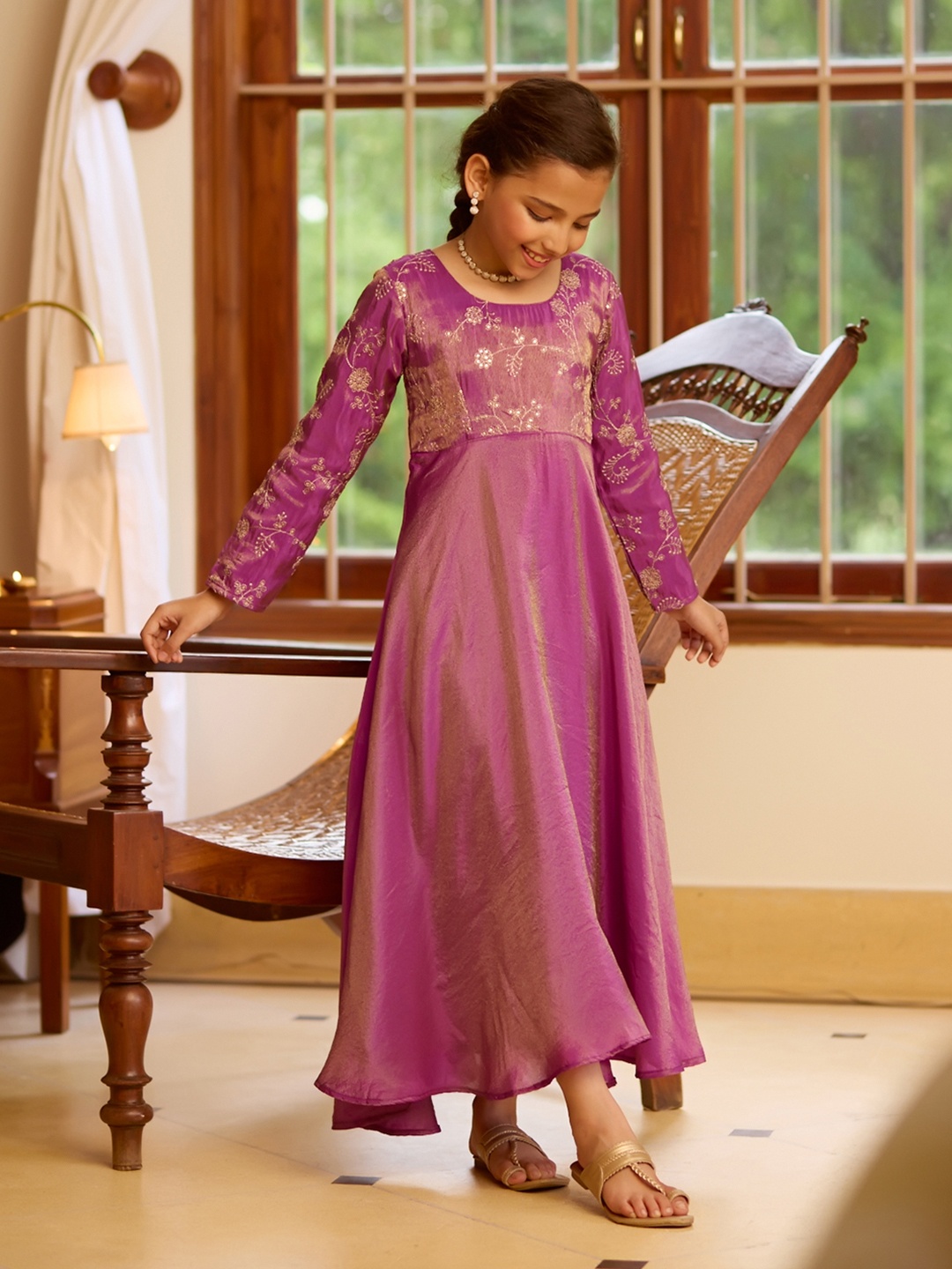 

Maybell Girls Ethnic Motifs Embroidered Silk Anarkali Dress, Purple