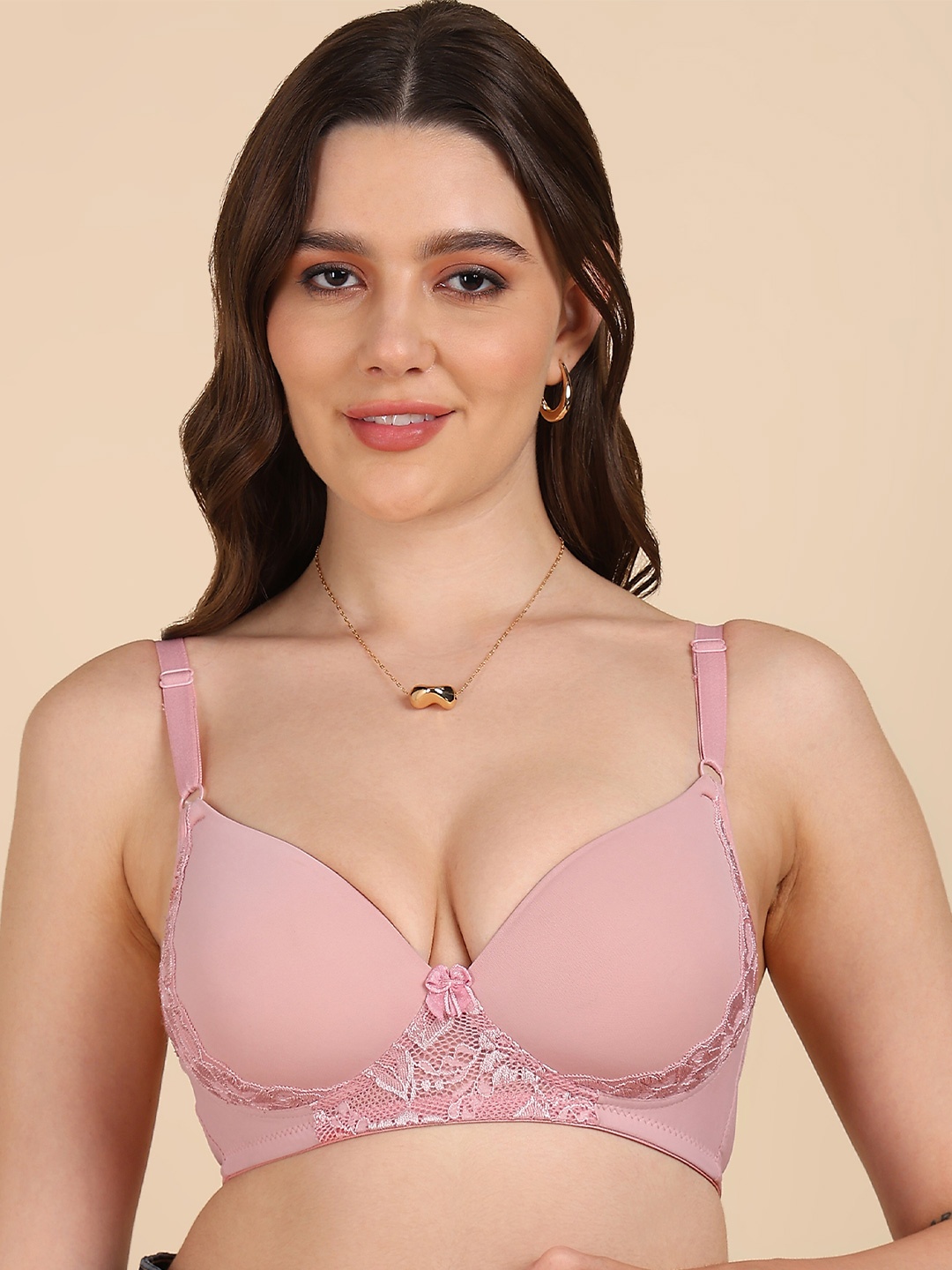 

Dressberry Women Lightly Padded Lace T-shirt Bra, Brown