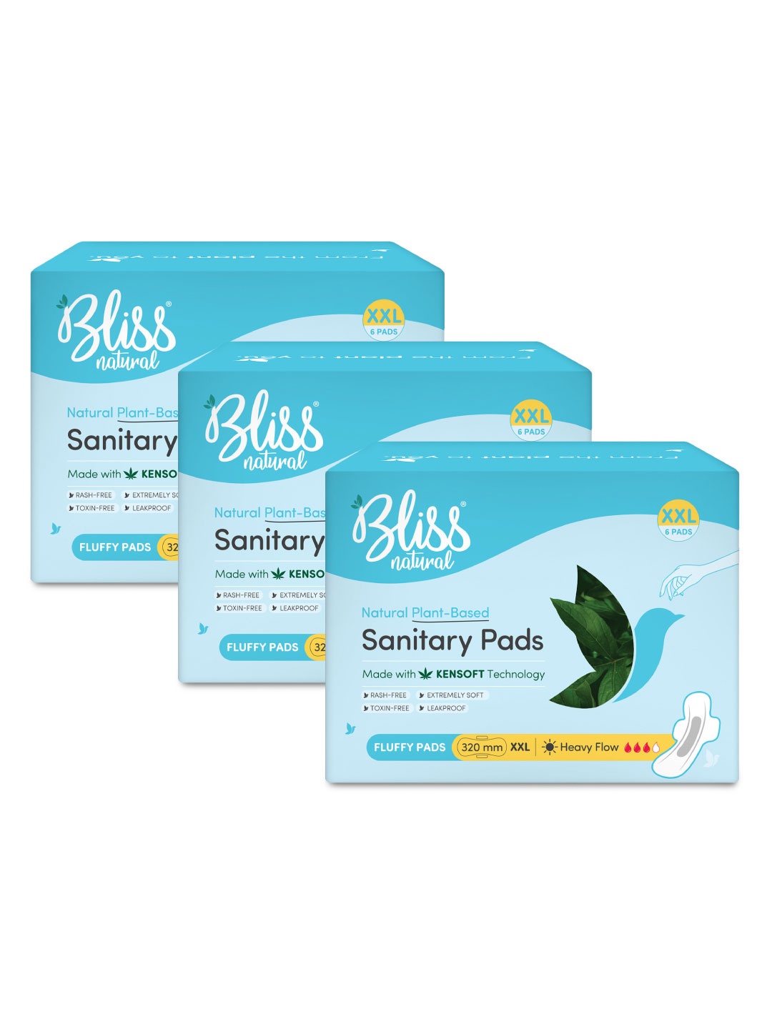

BLISSNATURAL Set of 3 Rash-Free Plant Based Sanitary Pads For Heavy Flow - 18 Pads - XXL, White