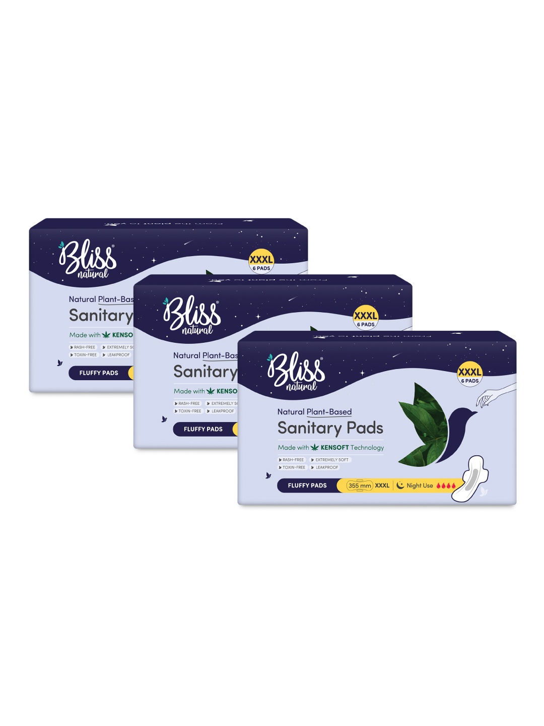 

BLISSNATURAL Set Of 3 Rash-Free Sanitary Pads with Night Stain Protection - 18 Pads - XXXL, White