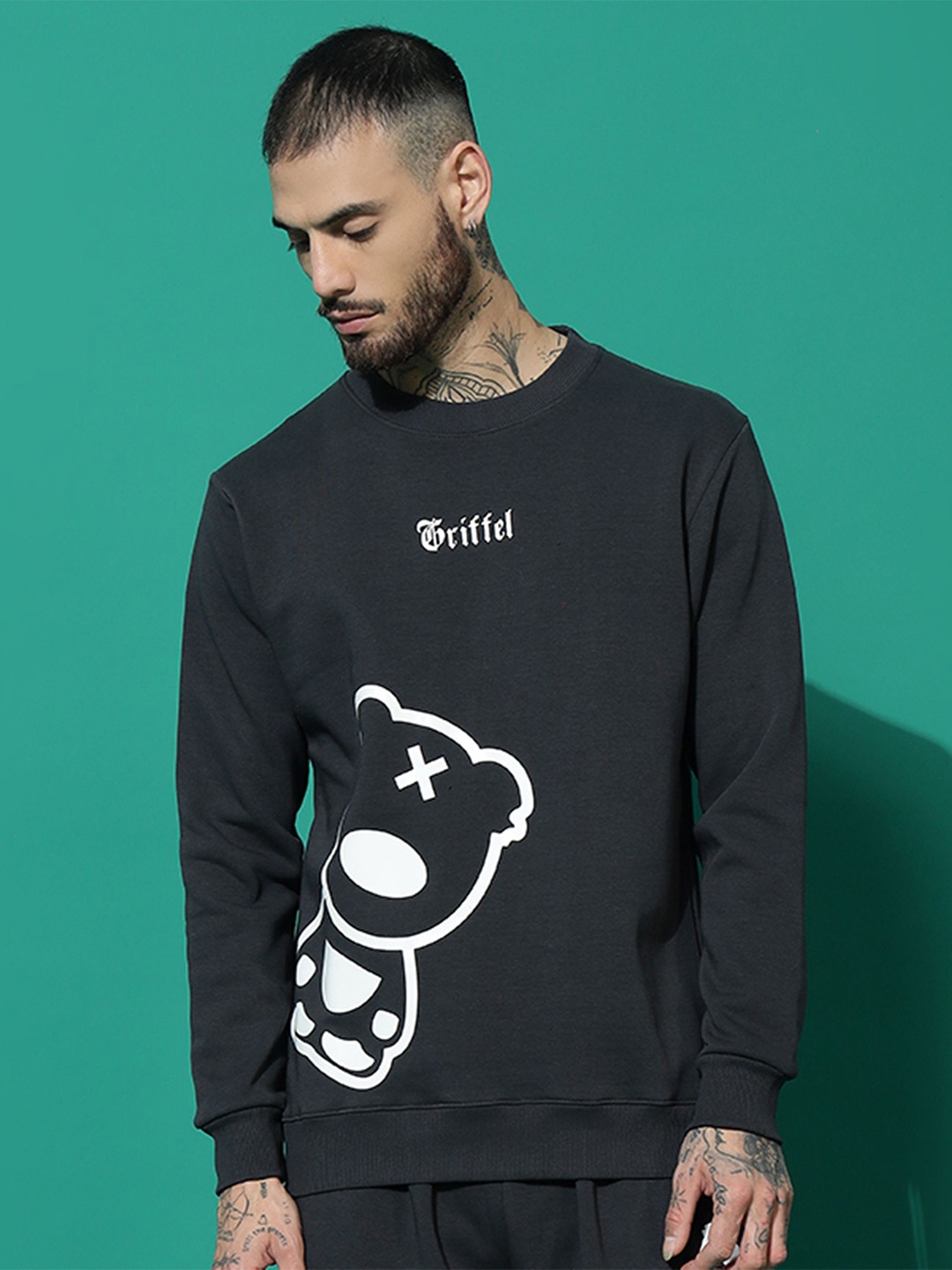 

GRIFFEL Men Graphic Printed Pullover Sweatshirt, Charcoal