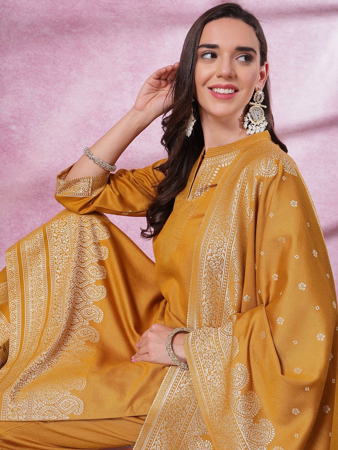 

Nayam By Lakshita Women Paisley Yoke Design Regular Kurta with Trousers & With Dupatta, Mustard