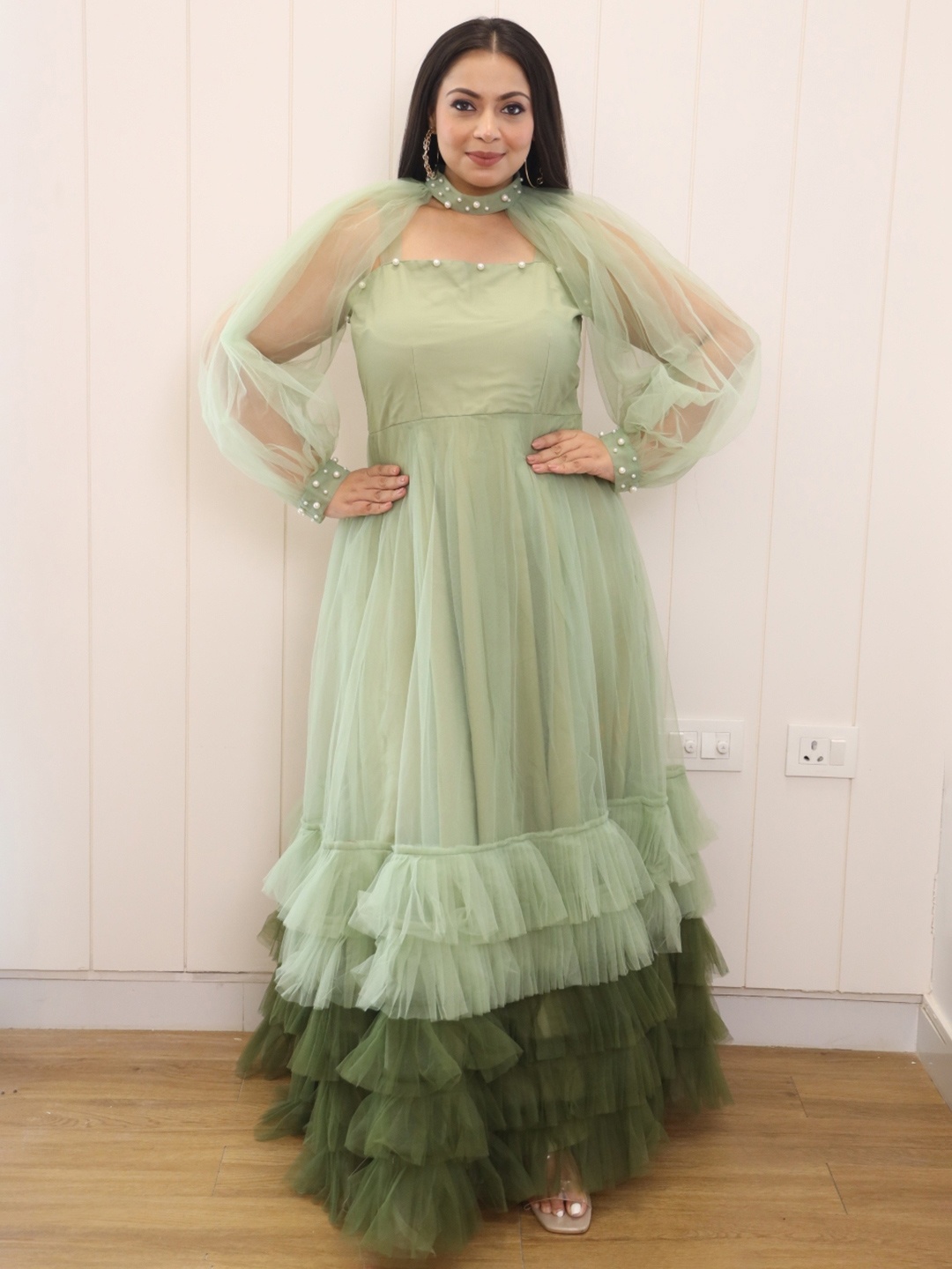 

Swadeshi Shringaar Women Net Puff Sleeves Maxi Dress, Green