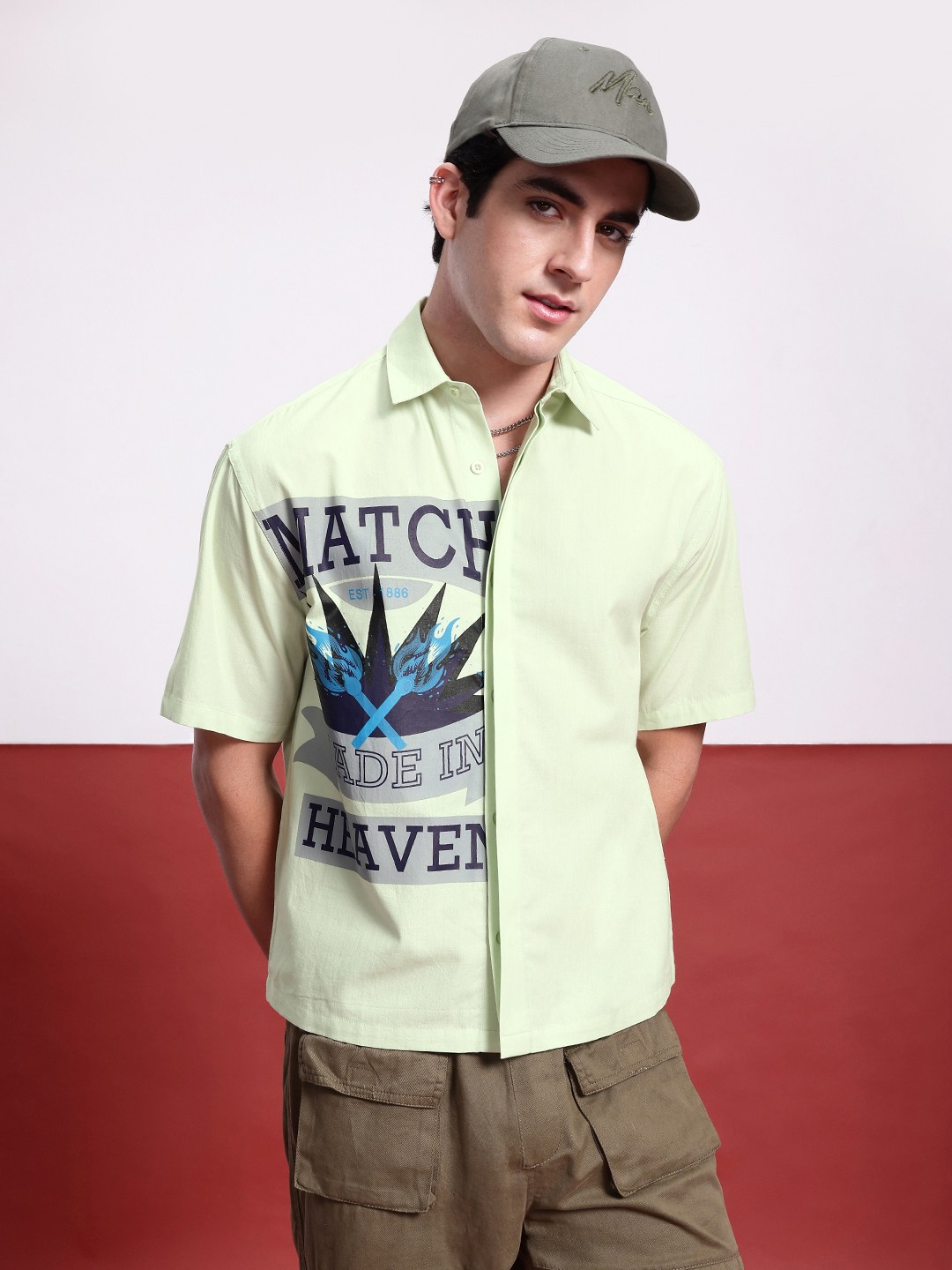 

glitchez Indie Vibe Printed Oversized Shirt, Green
