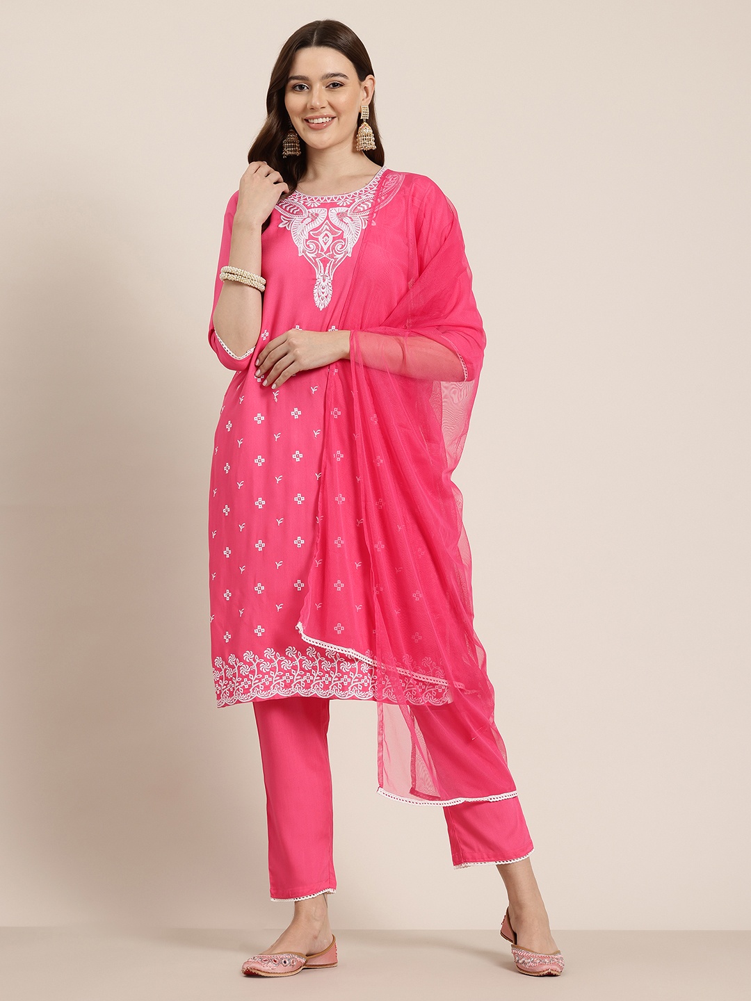 

HERE&NOW Floral Embroidered Thread Work Kurta with Trousers & With Dupatta, Magenta