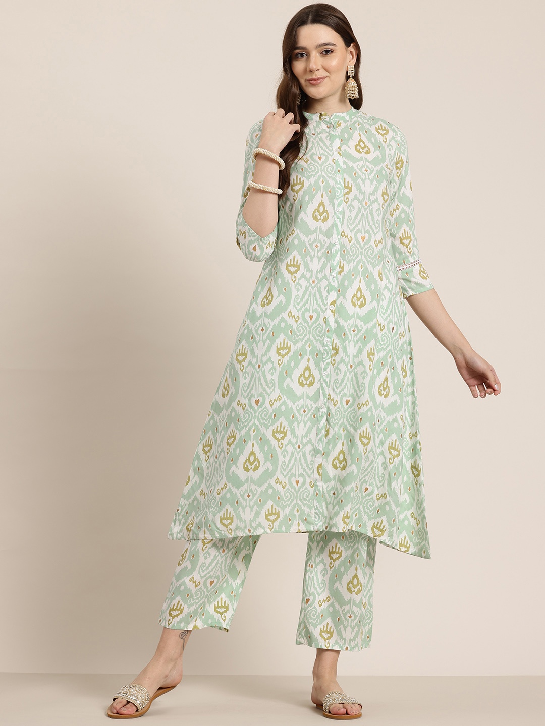 

HERE&NOW Abstract Printed A Line Kurta with Trousers, Green