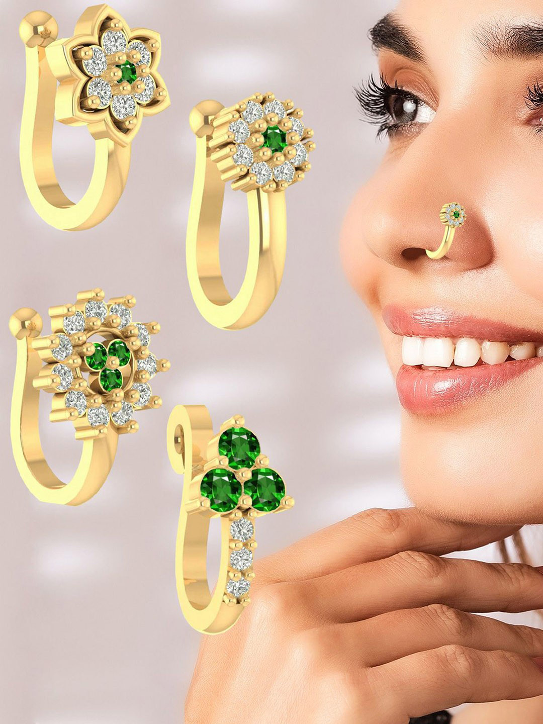 

VAMA - 4 Pcs Emerald Stone Non Piercing Clip On Nose Pins, Gold