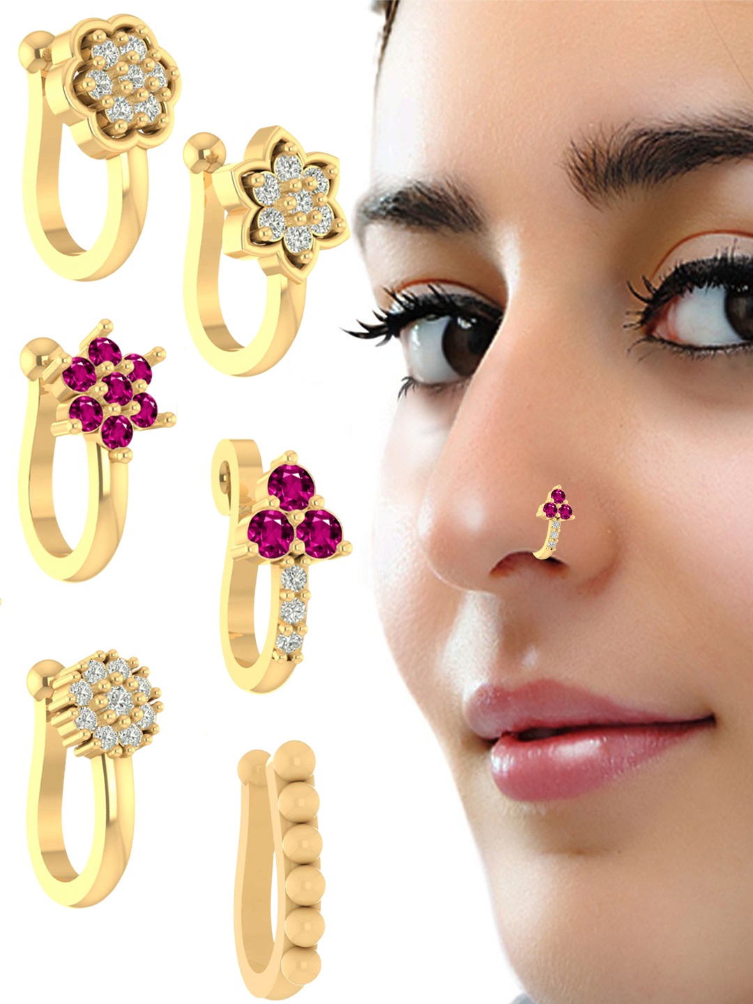 

VAMA 6Pcs CZ Stone Studded Stud Nose Pins, Gold