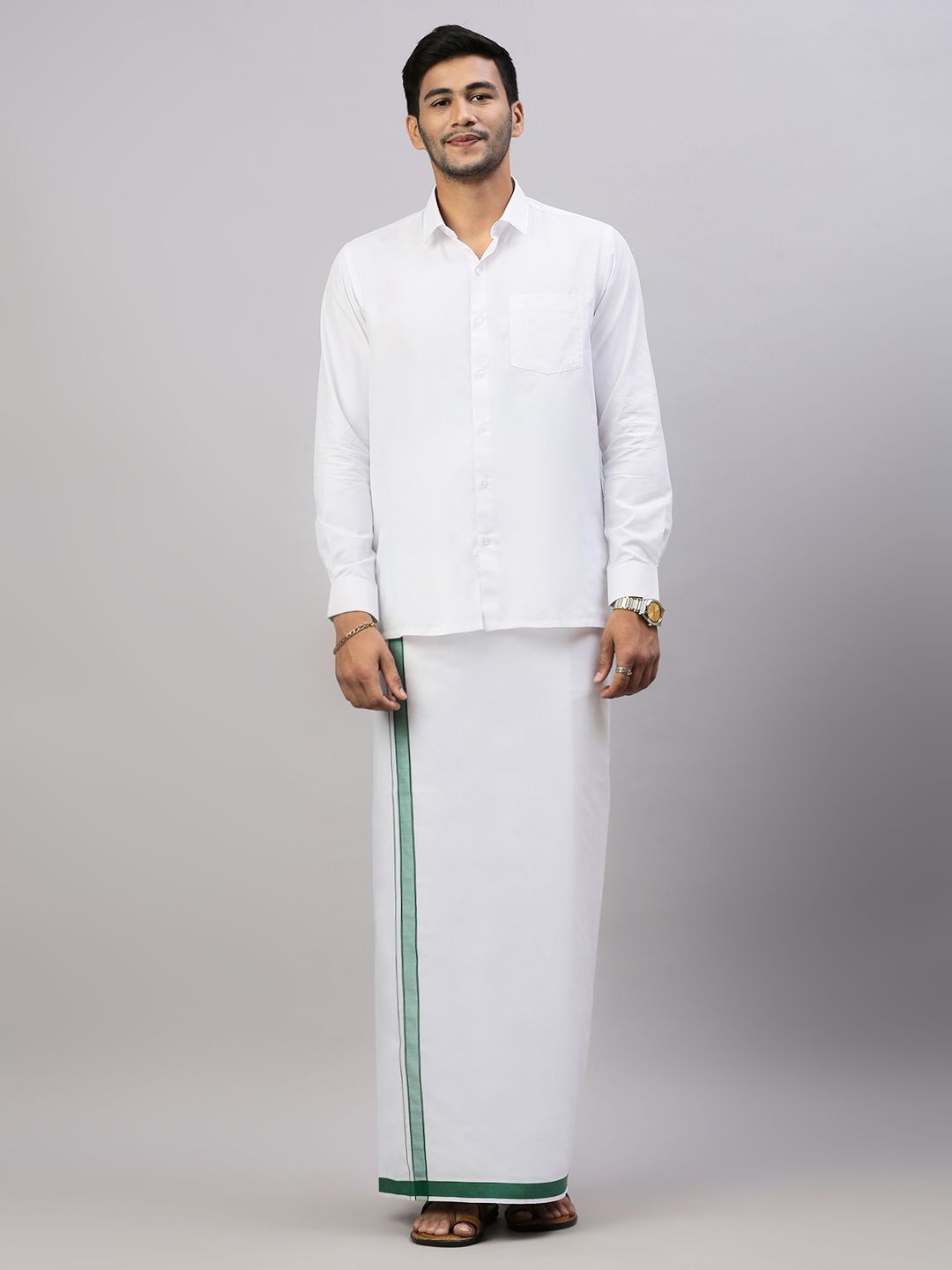 

Ramraj Men Solid Formal Cotton Blend Shirt with Dhoti, White