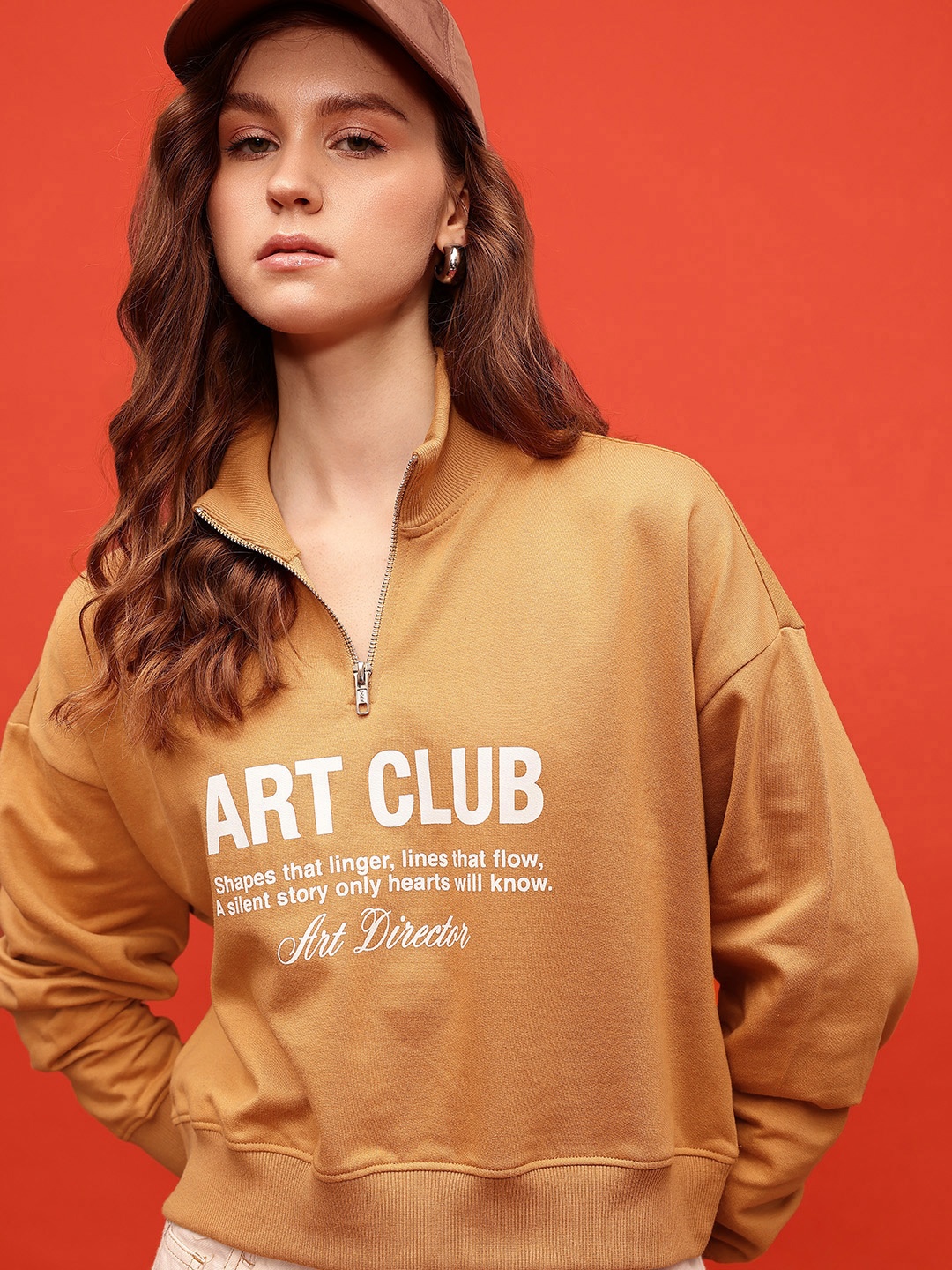 

glitchez City Cool Printed Mock Collar Oversized Sweatshirt, Camel brown