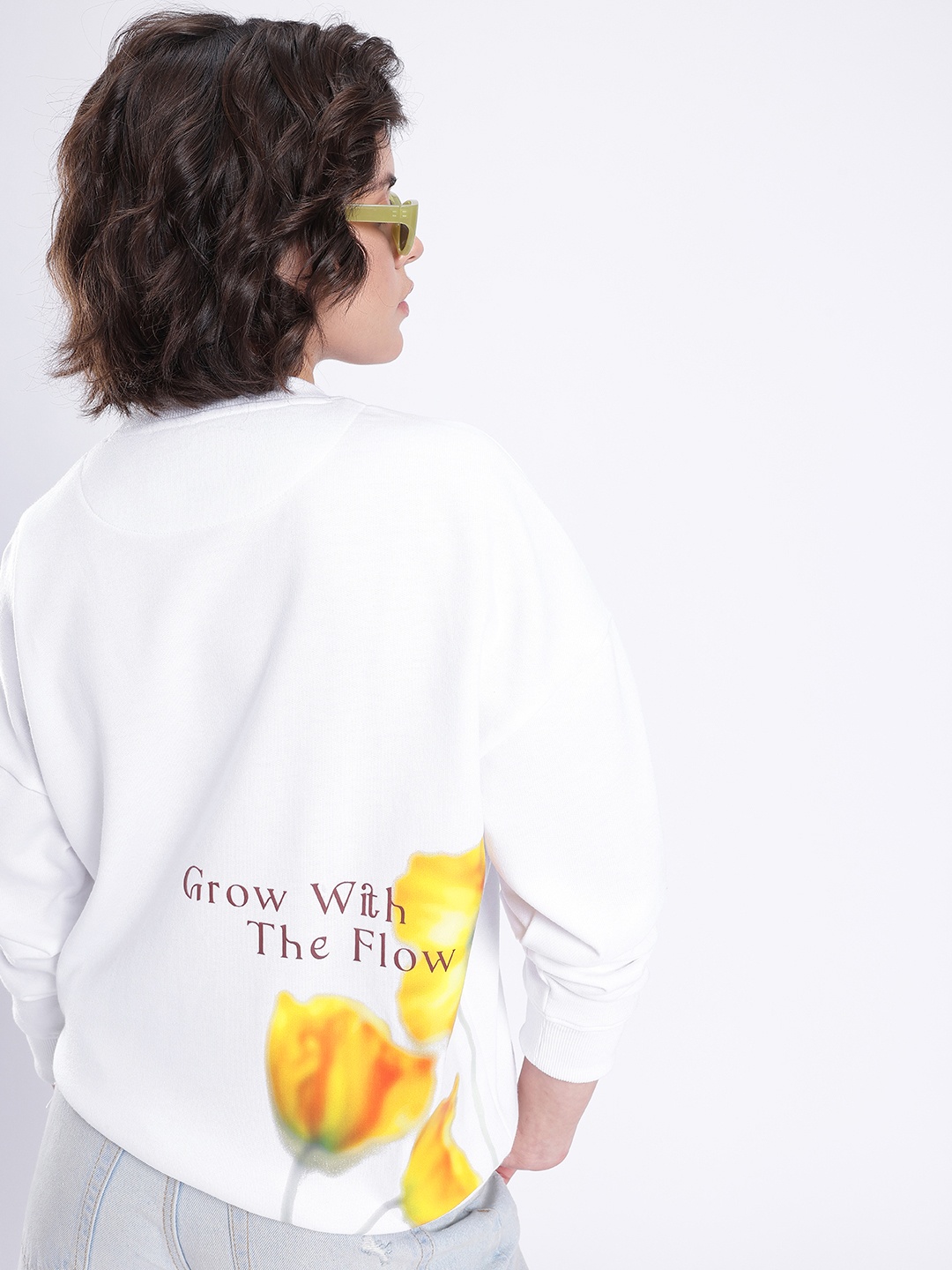 

glitchez Modern Swag Graphic Printed Cotton Terry Oversized Sweatshirt, White