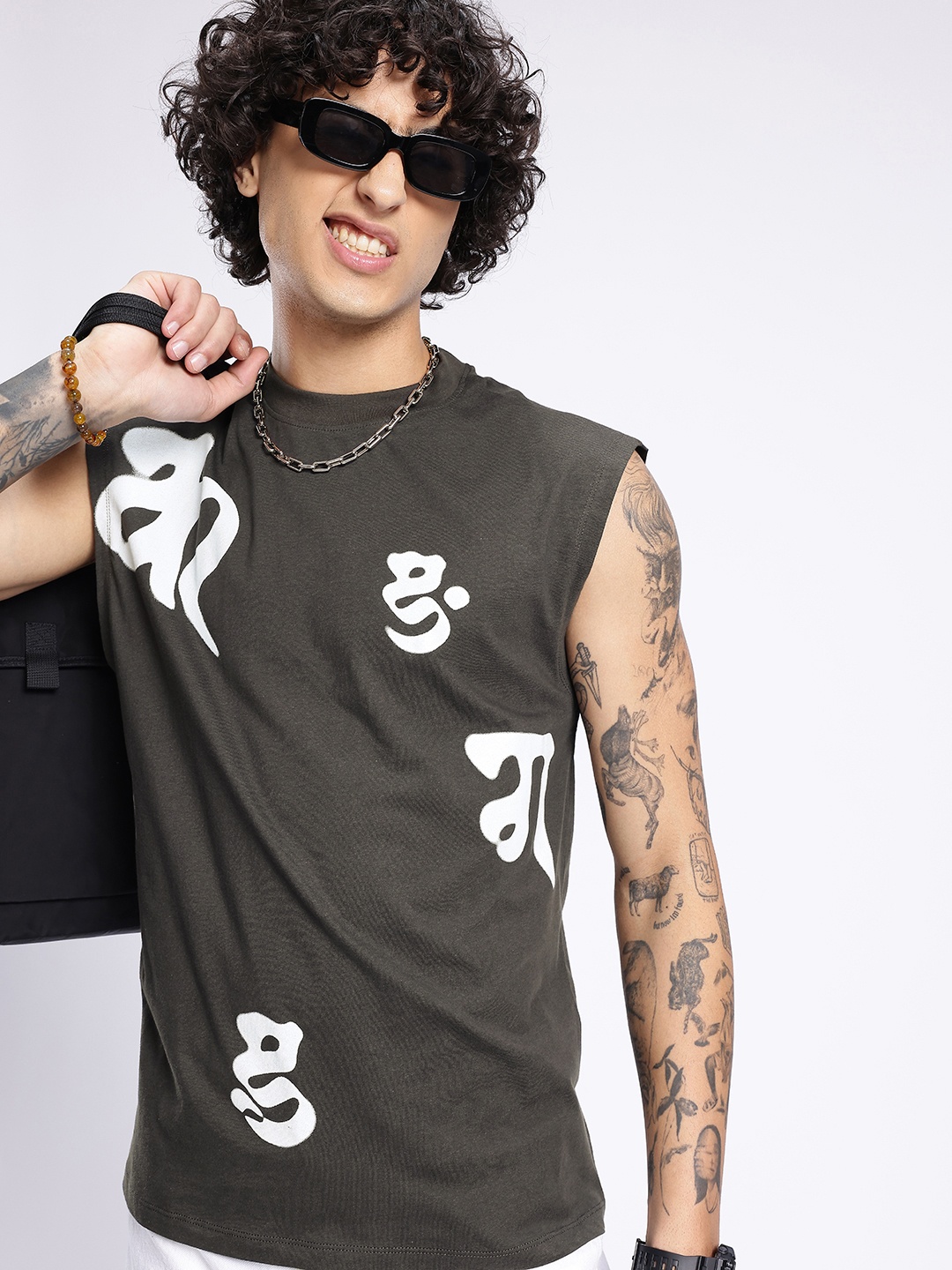 

glitchez Urban Vibe Sleeveless Printed Oversized Fit T-shirt, Grey