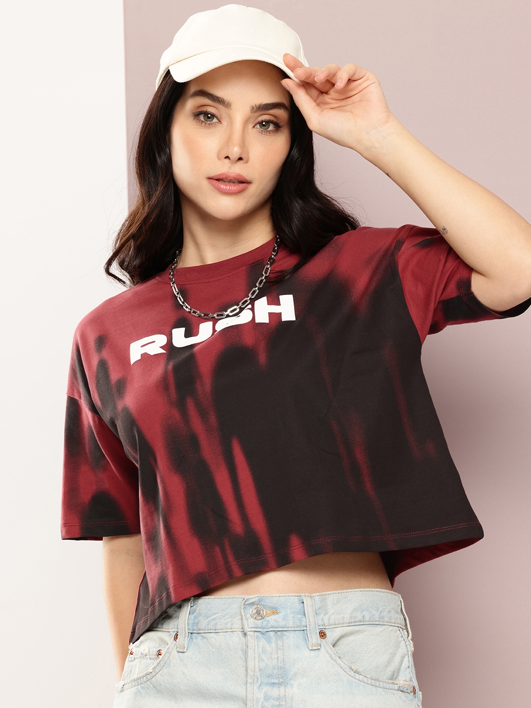 

Kook N Keech Printed Drop-Shoulder Sleeves Boxy T-shirt, Maroon
