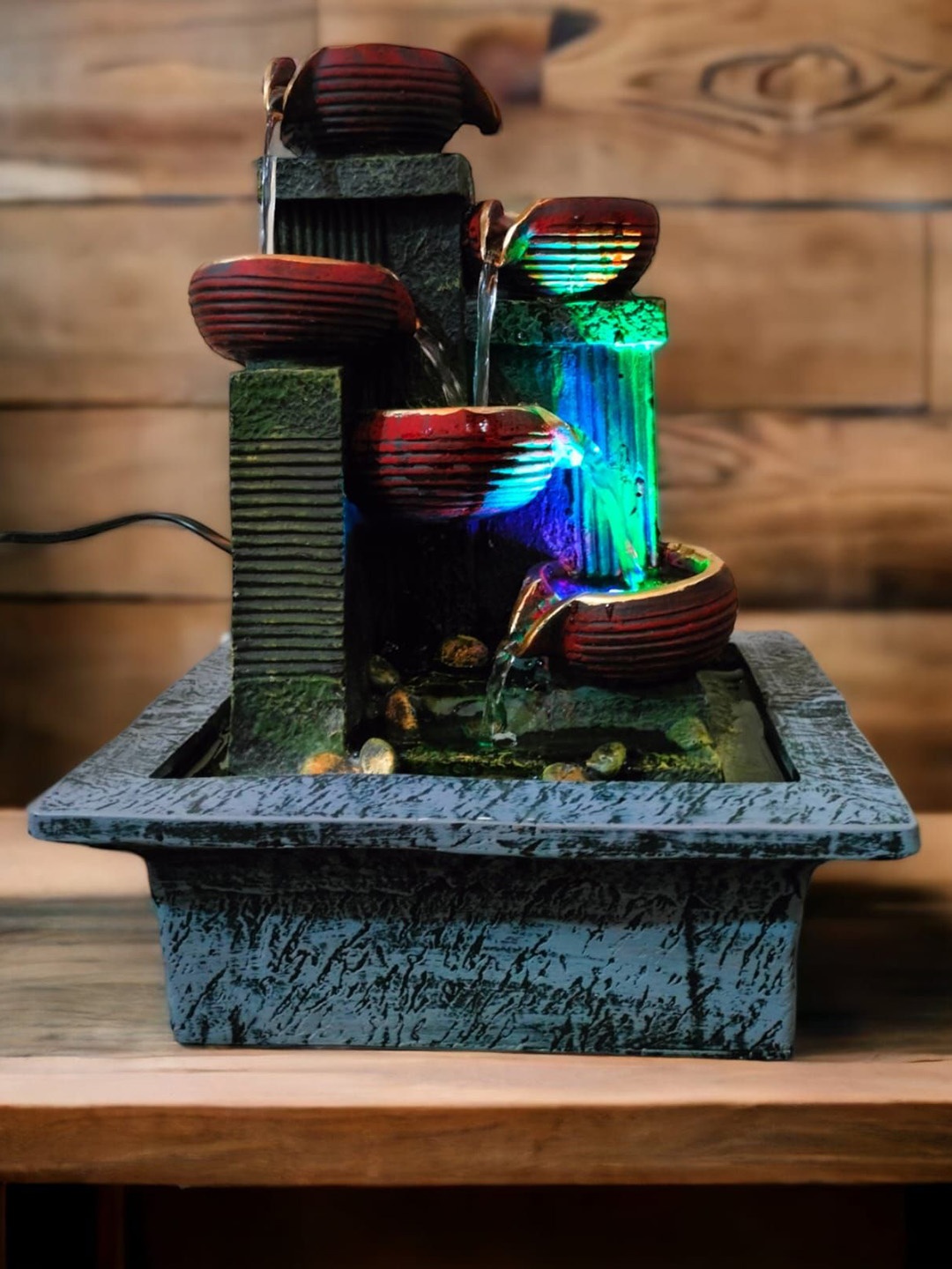 

NAYRA HANDICRAFTS Brown & Blue Decorative 5 Diya Step Water Fountain, Black