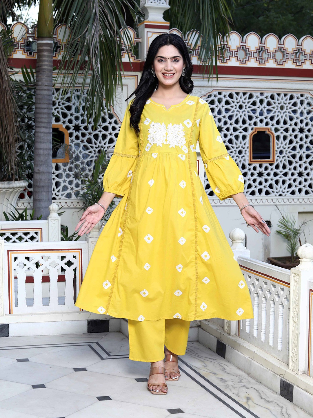 

MIRAVAN Women Floral Embroidered Regular Sequinned Pure Cotton Kurta with Palazzos, Yellow