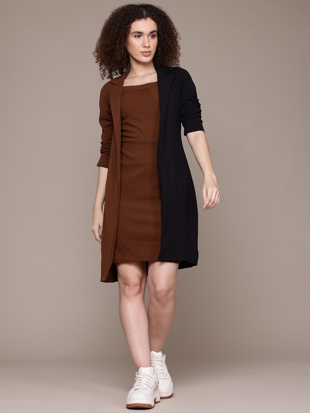 

Roadster Women Bodycon Dress with Coat, Coffee brown