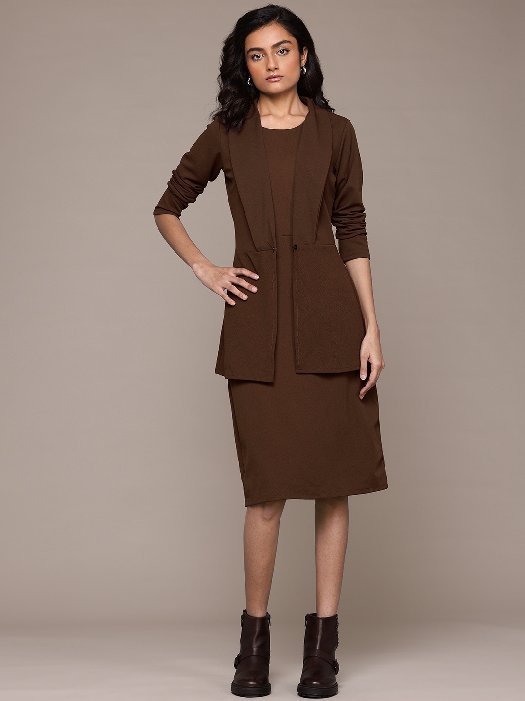 

Roadster Women Bodycon Dress with Coat, Coffee brown