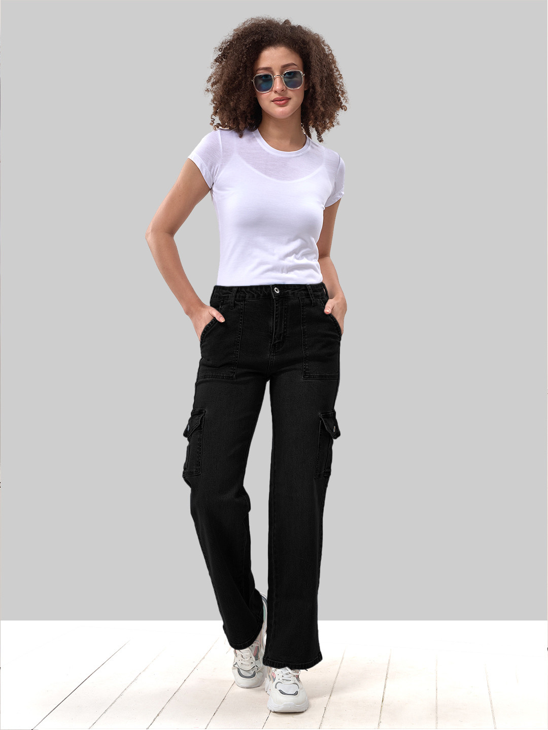 

LYRA Women 6 Pockets Stretchable Cargo Jeans, Black