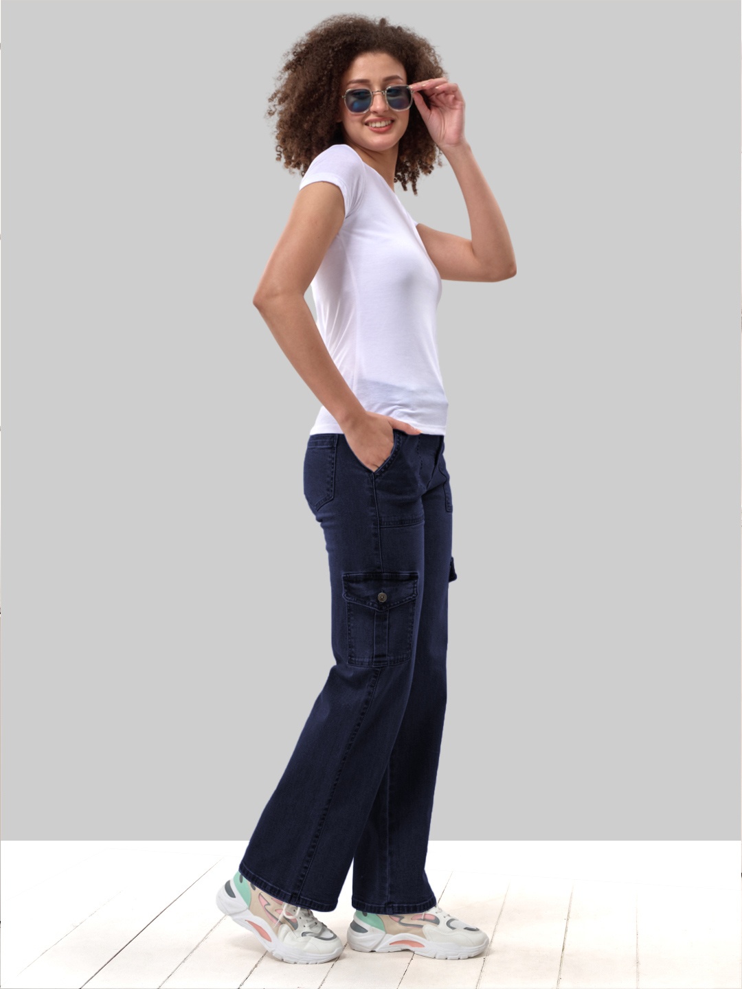 

LYRA Women 6 Pockets Stretchable Cargo Jeans, Navy blue