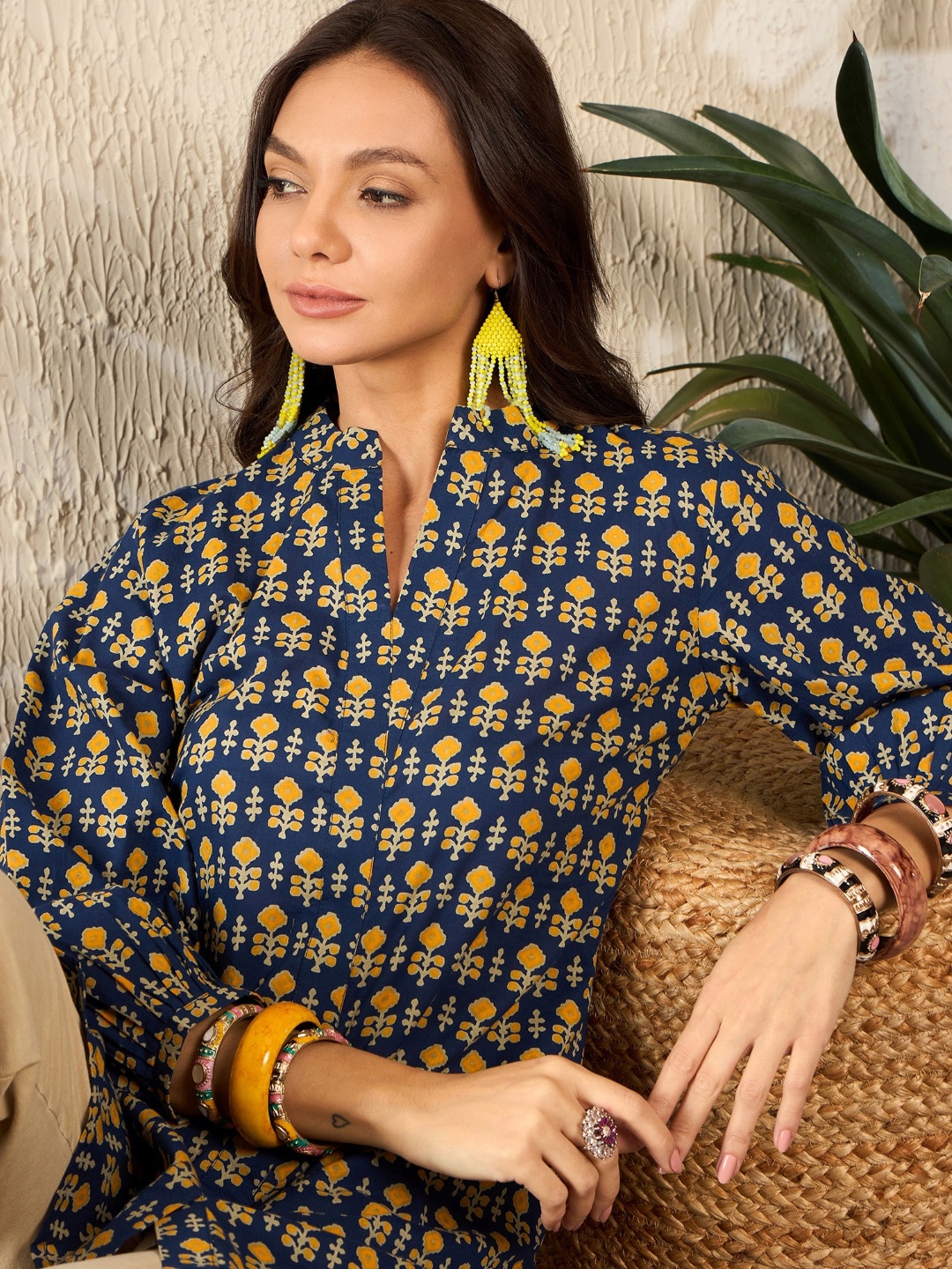 

KALINI Print Mandarin Collar Ethnic Top, Blue