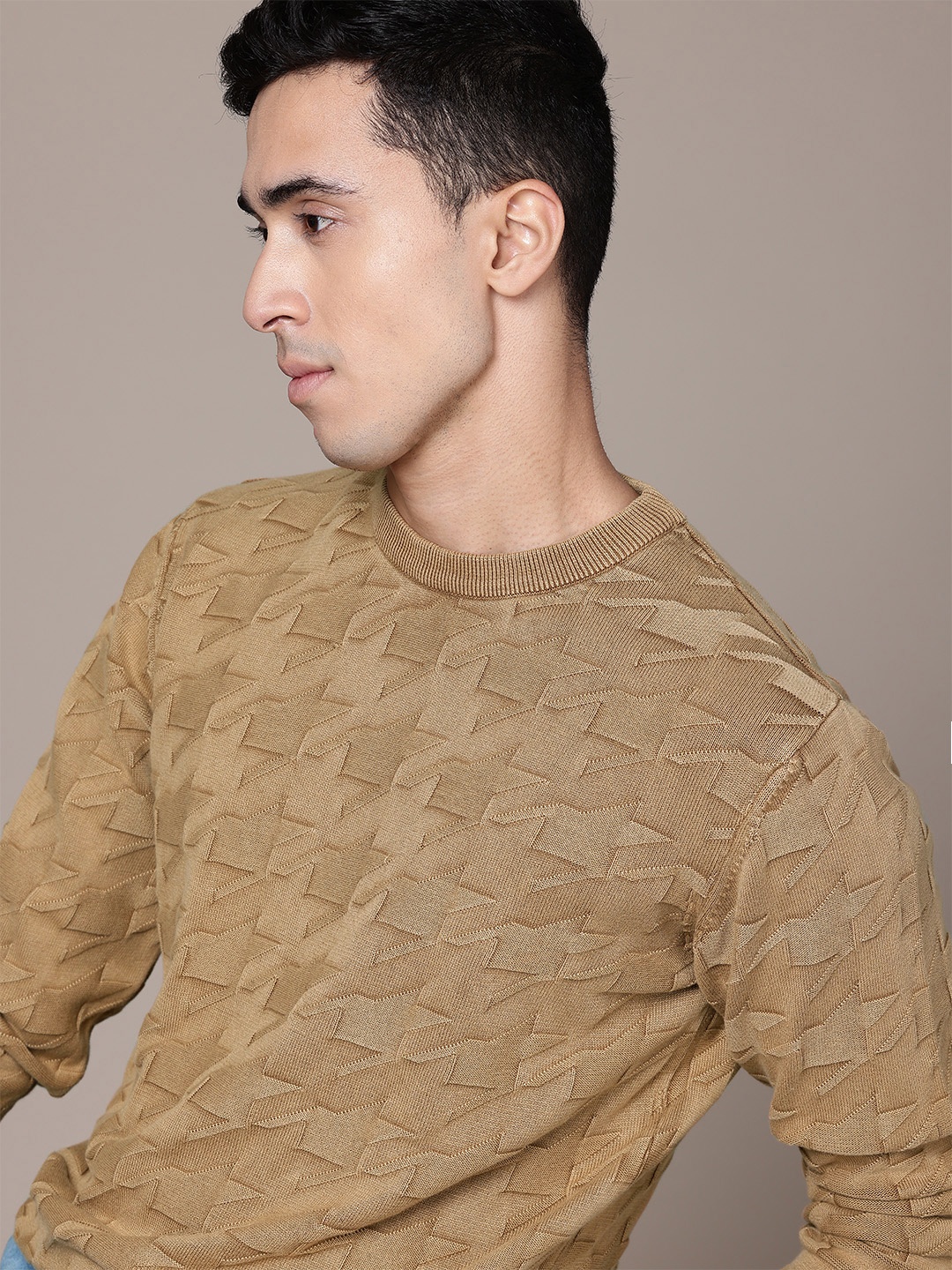 

The Roadster Lifestyle Co. Men Abstract Self Design Pure Cotton Pullover, Camel brown