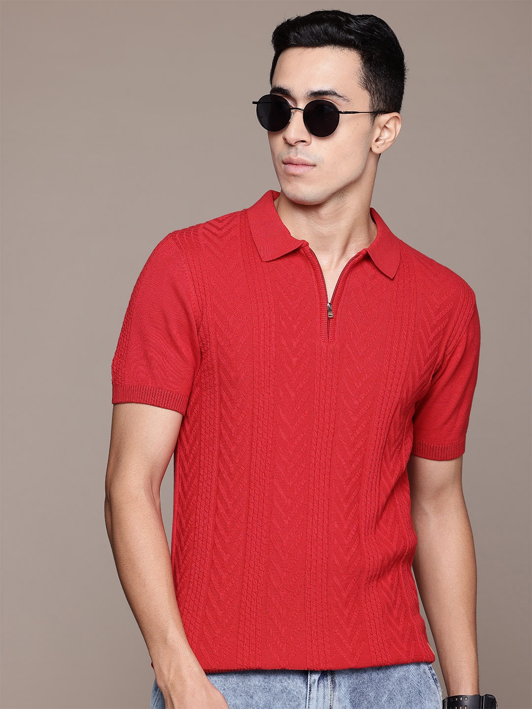 

The Roadster Lifestyle Co. Men Cable Knit Polo Collar Pure Cotton Pullover, Red