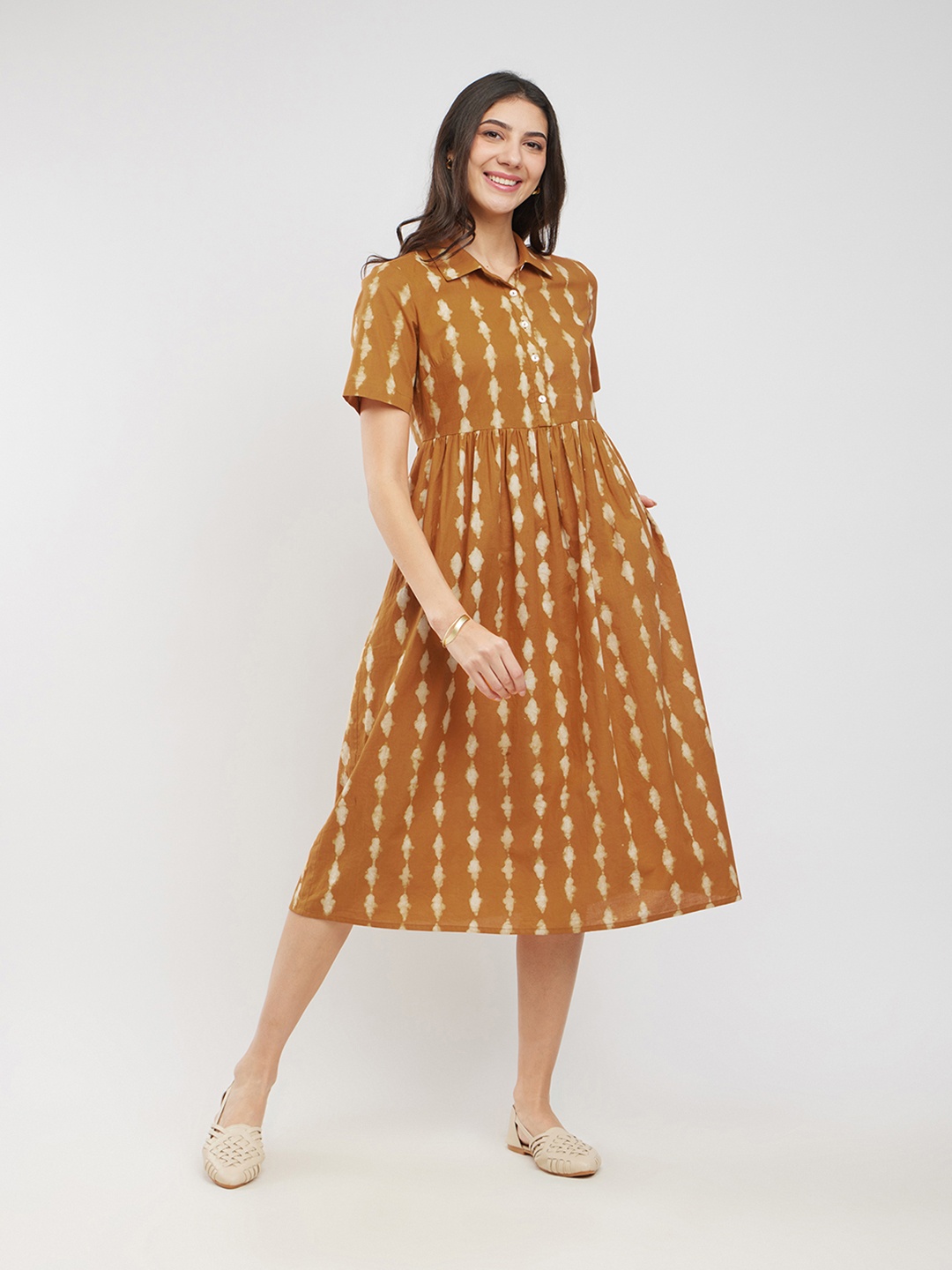 

Pink Fort Striped A-Line Midi Dress, Mustard