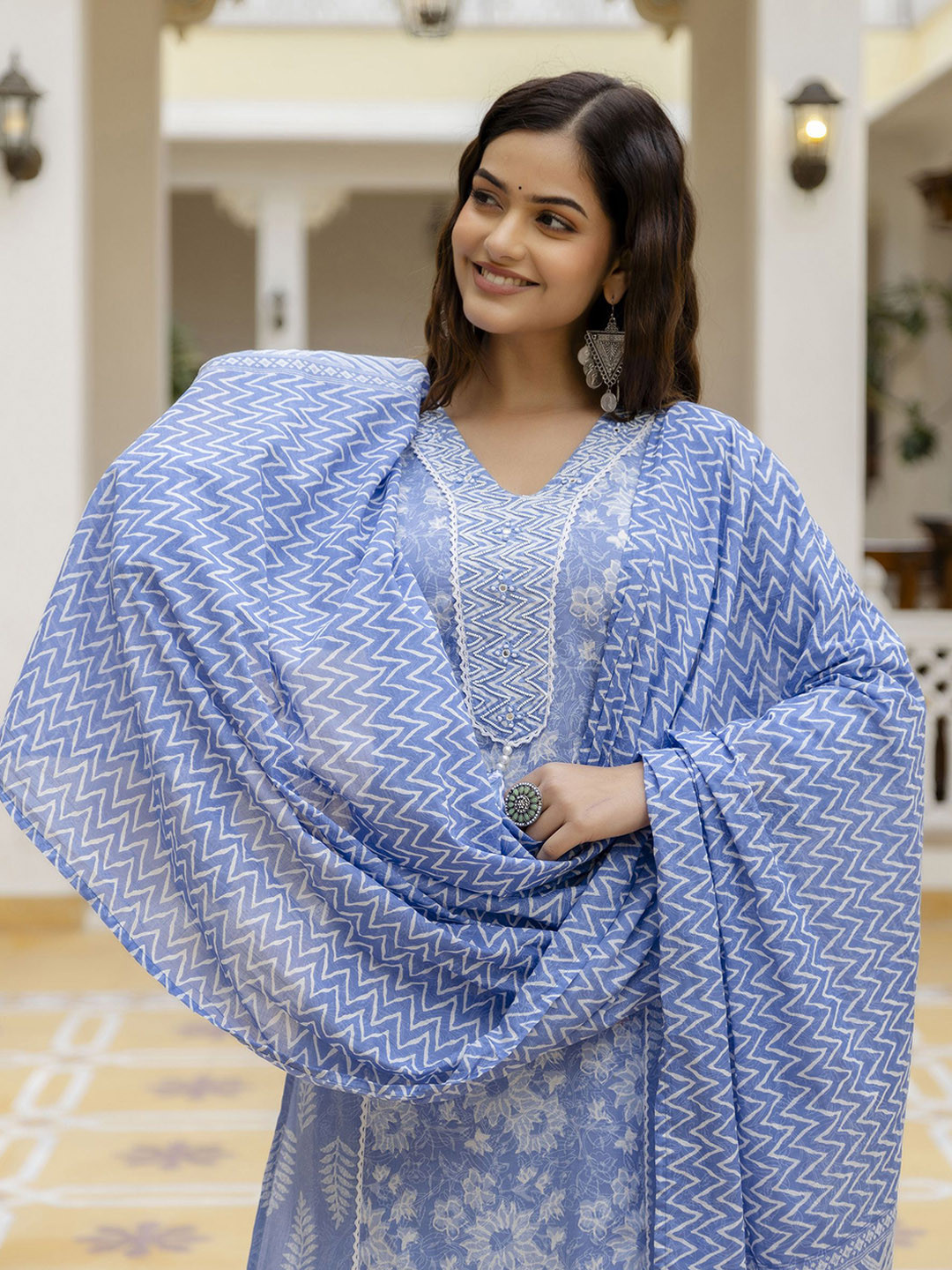 

EthniFlair Women Floral Yoke Design Regular Aari Work Pure Cotton Kurta with Patiala & With Dupatta, Blue