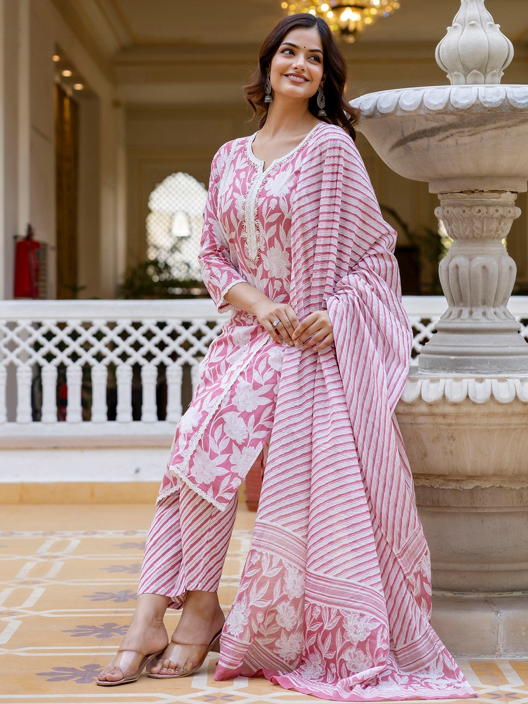 

EthniFlair Women Floral Printed Regular Aari Work Pure Cotton Kurta with Trousers & With Dupatta, Pink