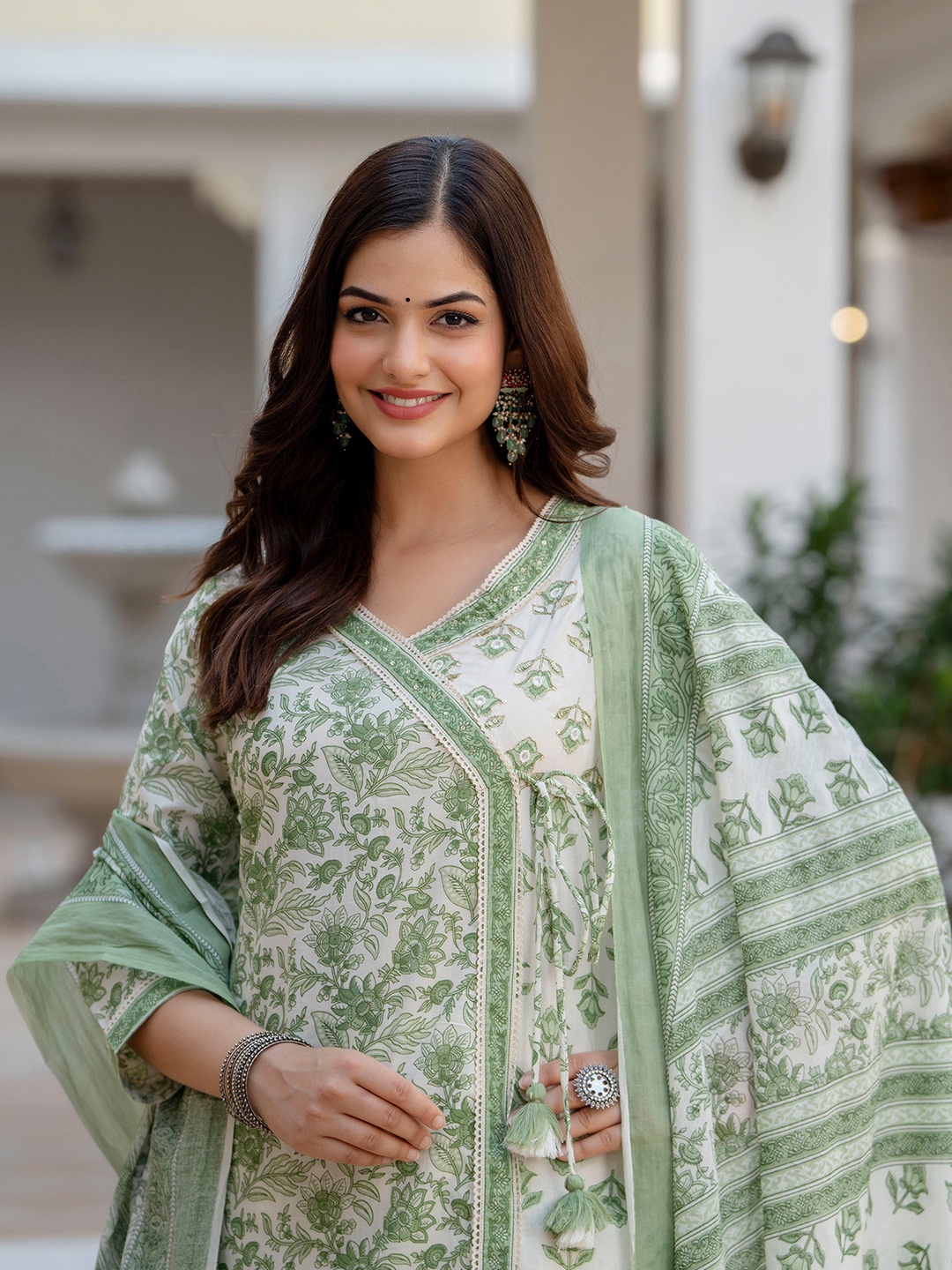 

EthniFlair Women Floral Printed Angrakha Sequinned Pure Cotton Kurta with Pyjamas & With Dupatta, Green