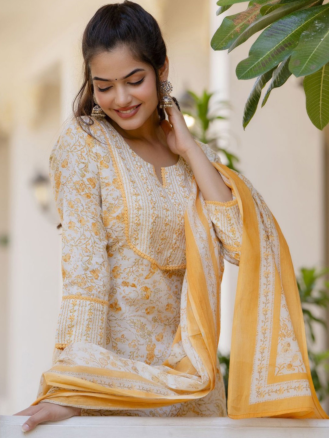 

EthniFlair Women Floral Yoke Design Regular Aari Work Pure Cotton Kurta with Palazzos & With Dupatta, Yellow