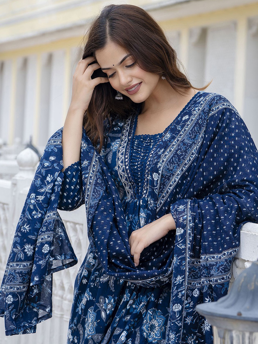 

EthniFlair Women Floral Printed Empire Mirror Work Pure Cotton Kurta with Trousers & With Dupatta, Blue
