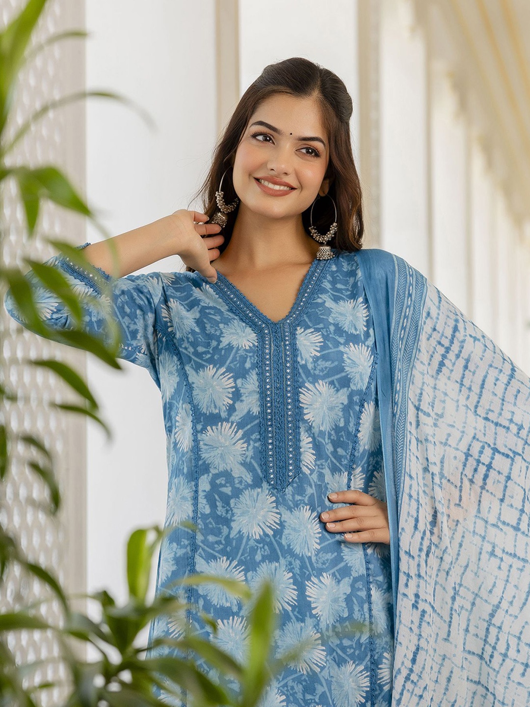 EthniFlair Women Floral Printed Regular Aari Work Pure Cotton Kurta with Trousers & With Dupatta, Blue