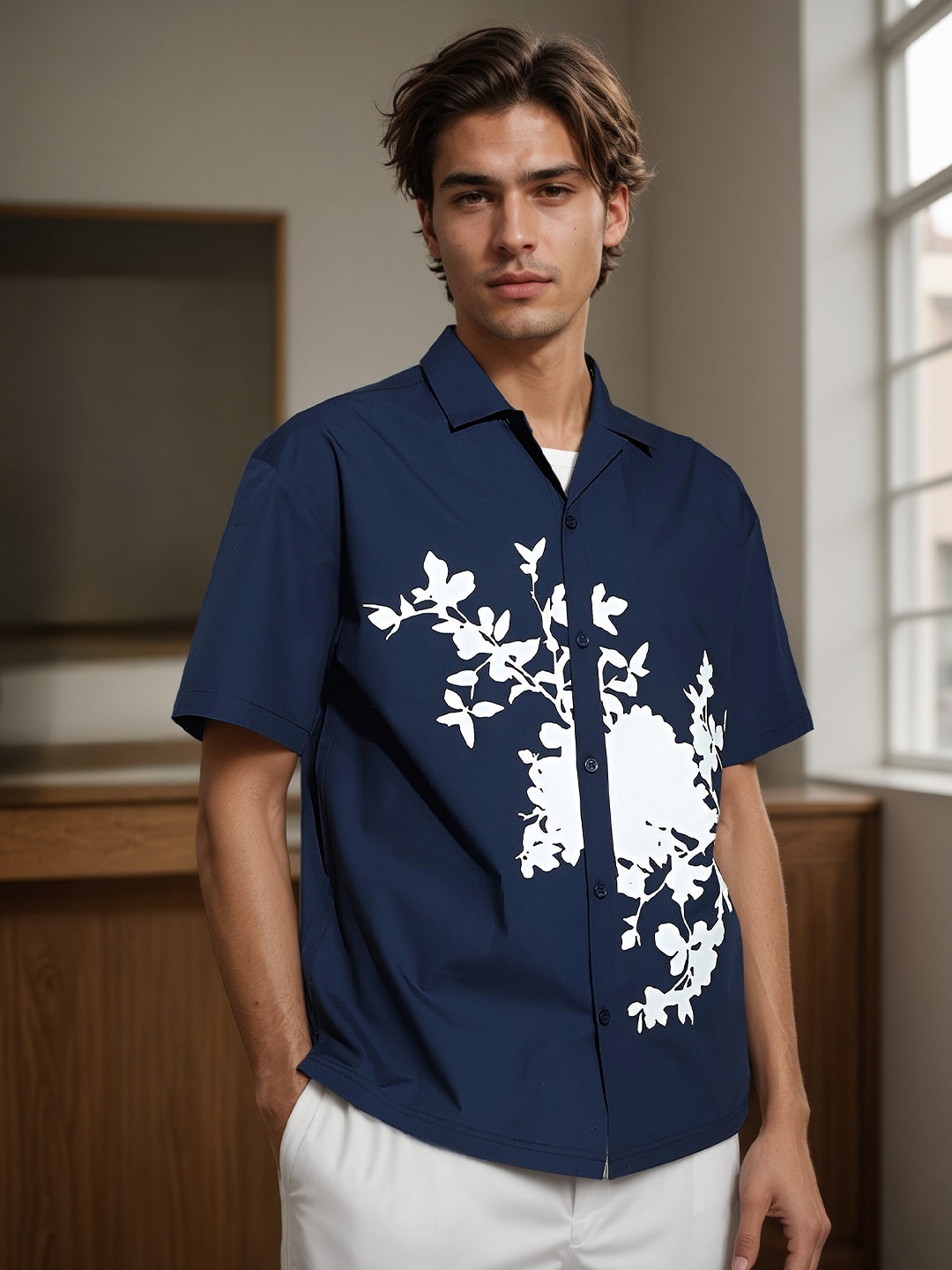 

H&M Floral Printed Cotton Shirt, Navy blue