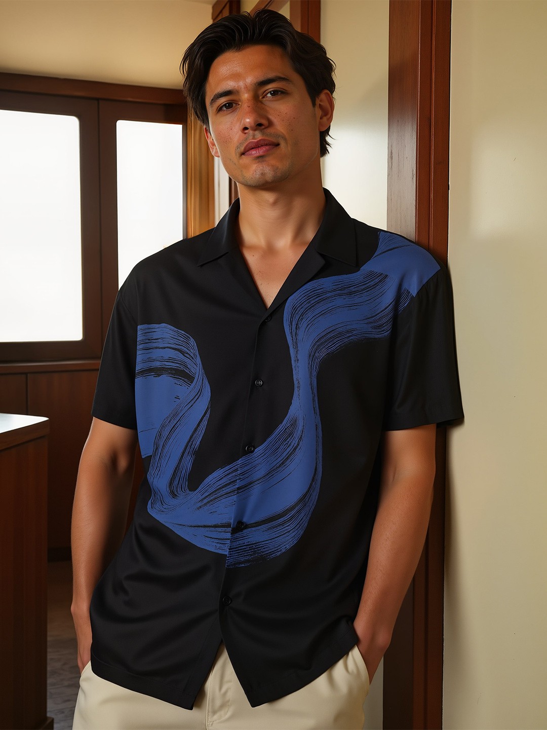 

H&M Printed Short Sleeve Shirt, Black