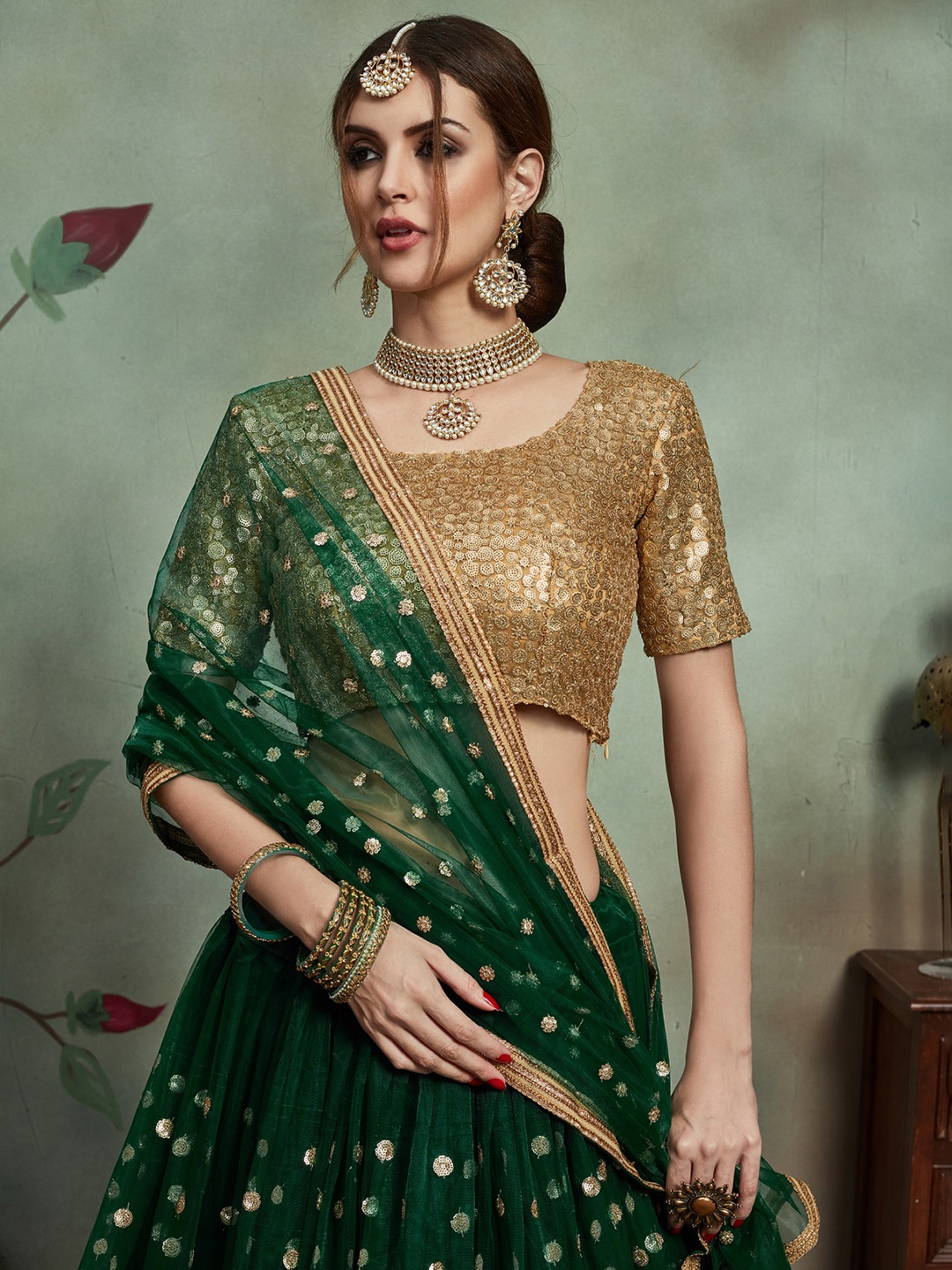 

Jaipur Kurti Embellished Sequinned Semi-Stitched Lehenga & Unstitched Blouse With Dupatta, Green