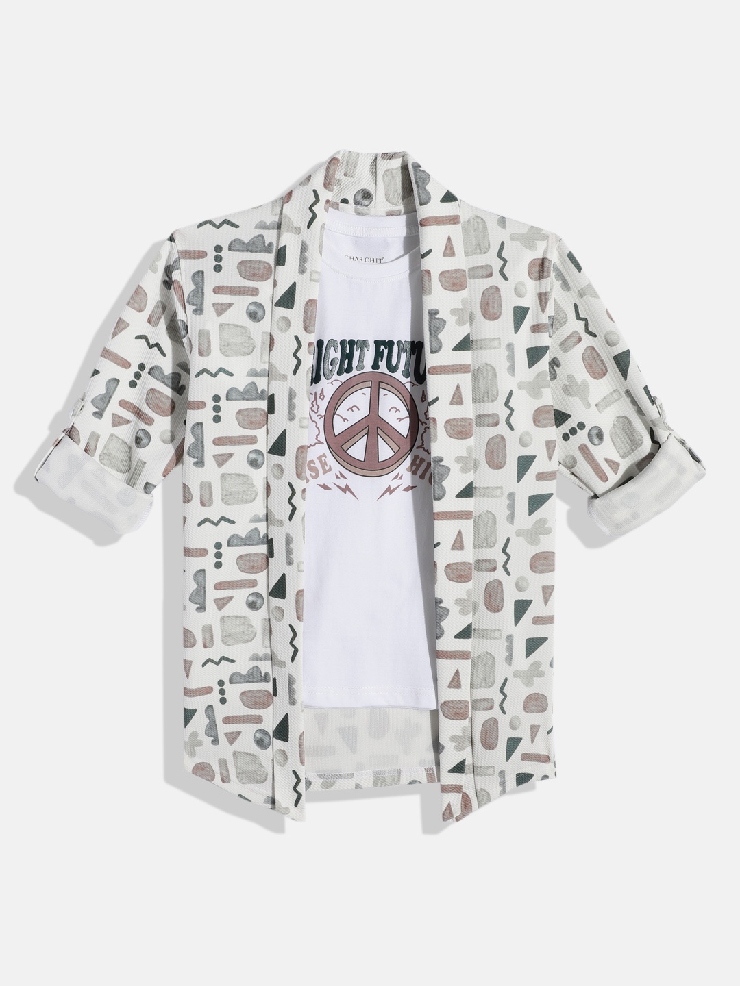 

CHARCHIT Boys Printed T-shirt With Shrug, White