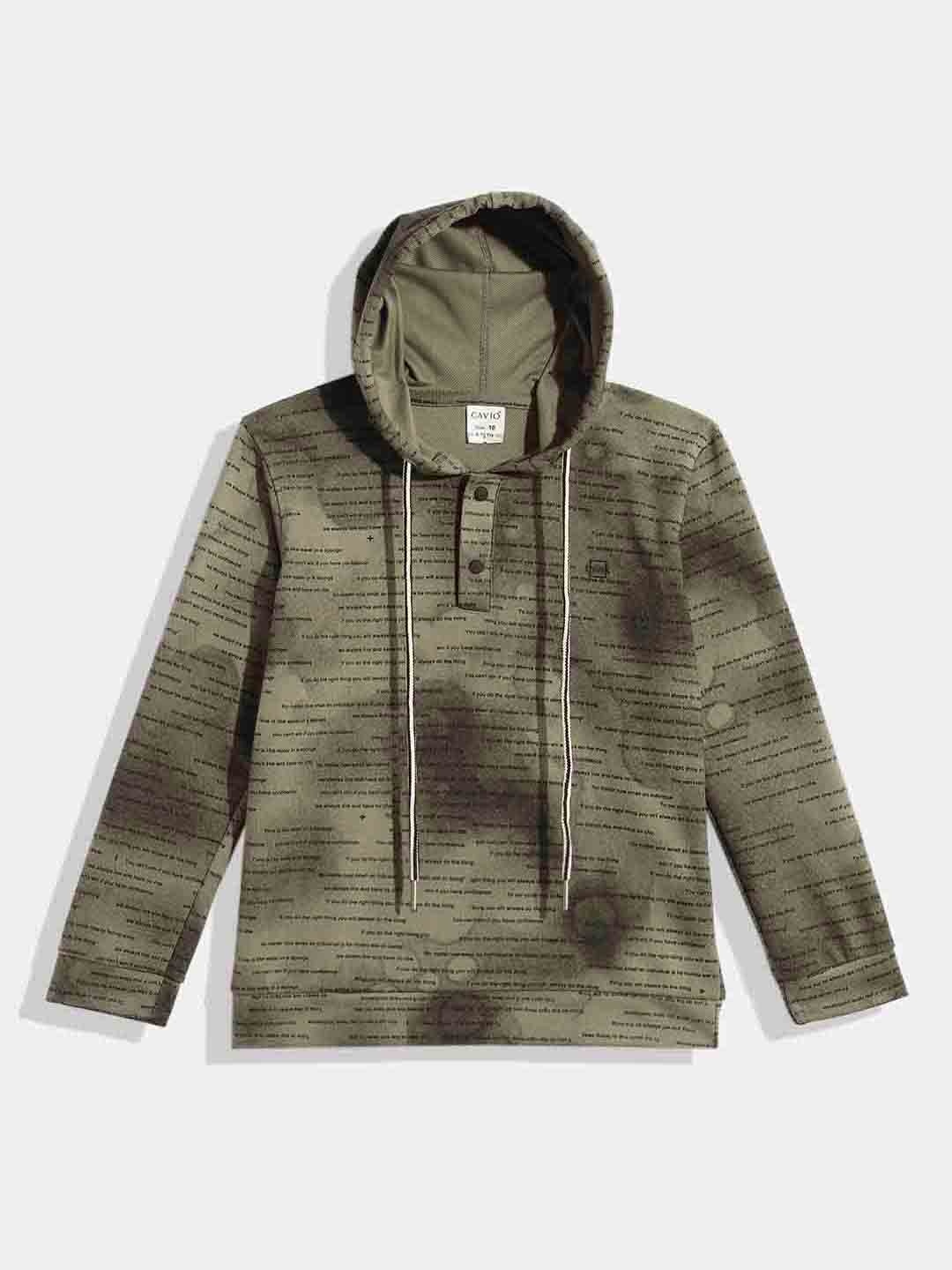 CAVIO Boys Typography Printed Hooded Sweatshirt, Green
