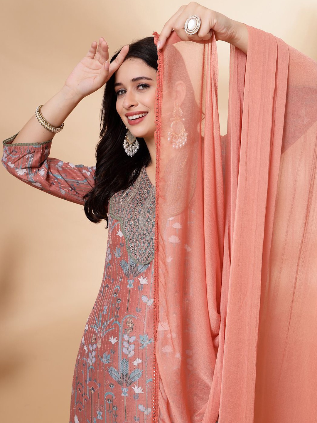 

Nayam By Lakshita Floral Printed Straight Kurta With Trouser & Dupatta, Peach