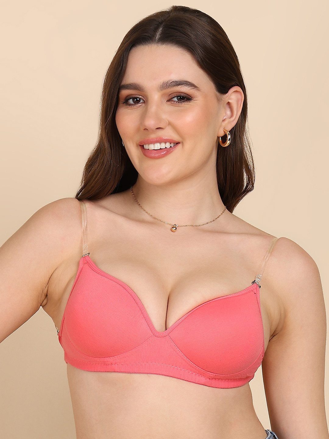 

DressBerry Women Transparent Straps Medium Coverage Heavily Padded T-shirt Bra, Orange