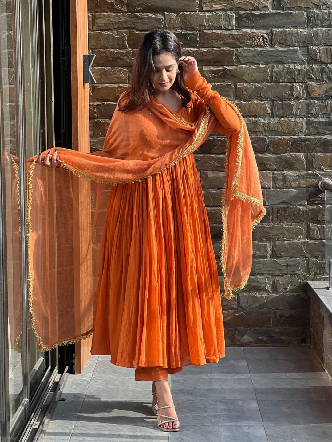 

GoSriKi Women Anarkali Kurta With Trousers & Dupatta, Orange