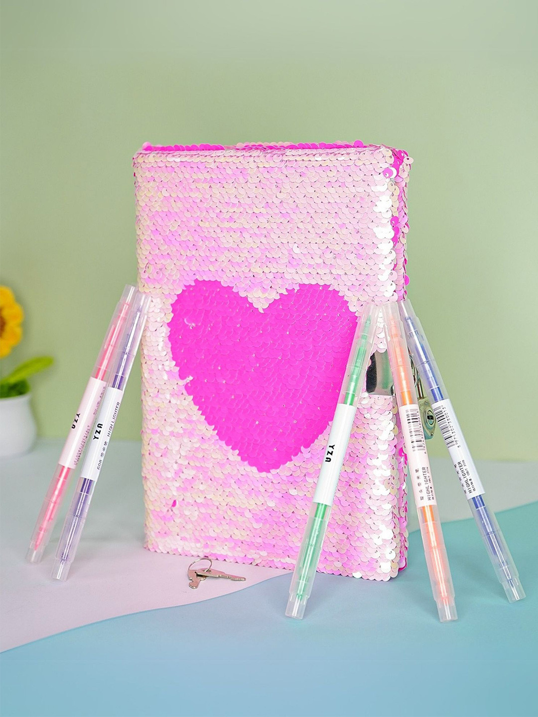 

Tinker Squad Sequence Heart Diary Notebook Set with 6 Pieces Highlighter Pens Stationery, Pink