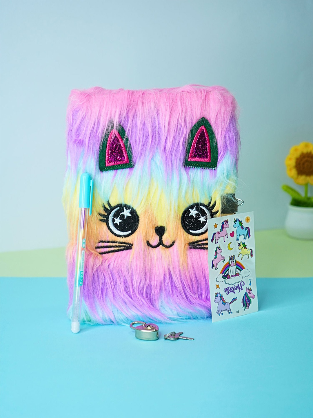 

Tinker Squad Cute Catty Plush Cover Kids Lock Dairy Notebook with Pen Stationery, Purple