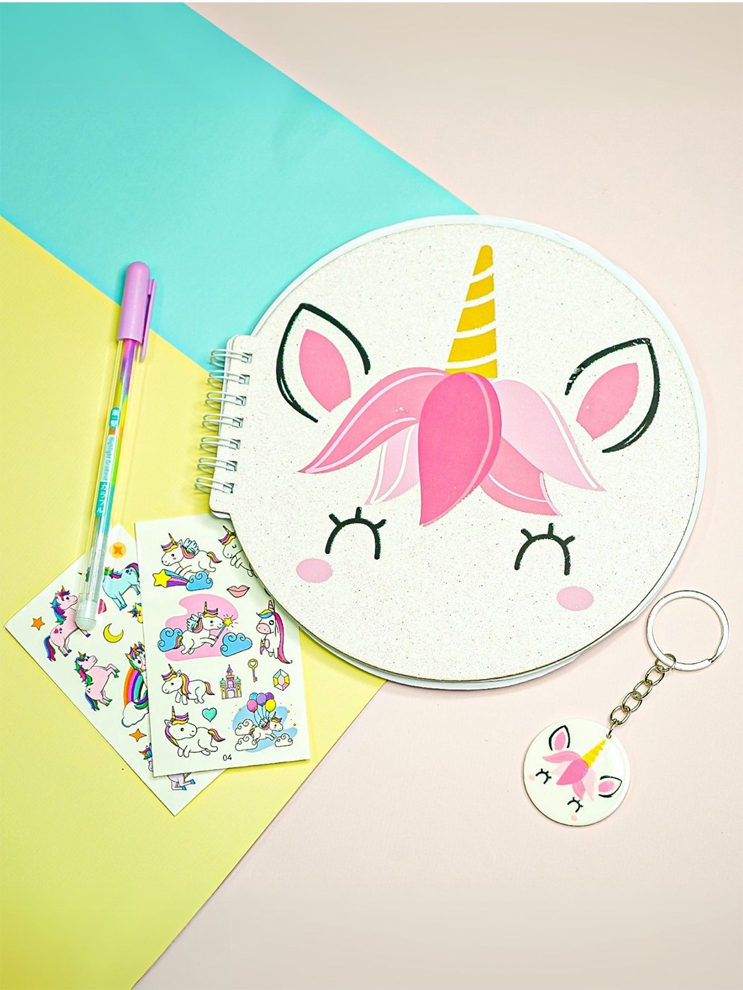Tinker Squad 3 Pieces Kids Unicorn Diary Notebook with Pen Stickers Stationery, White